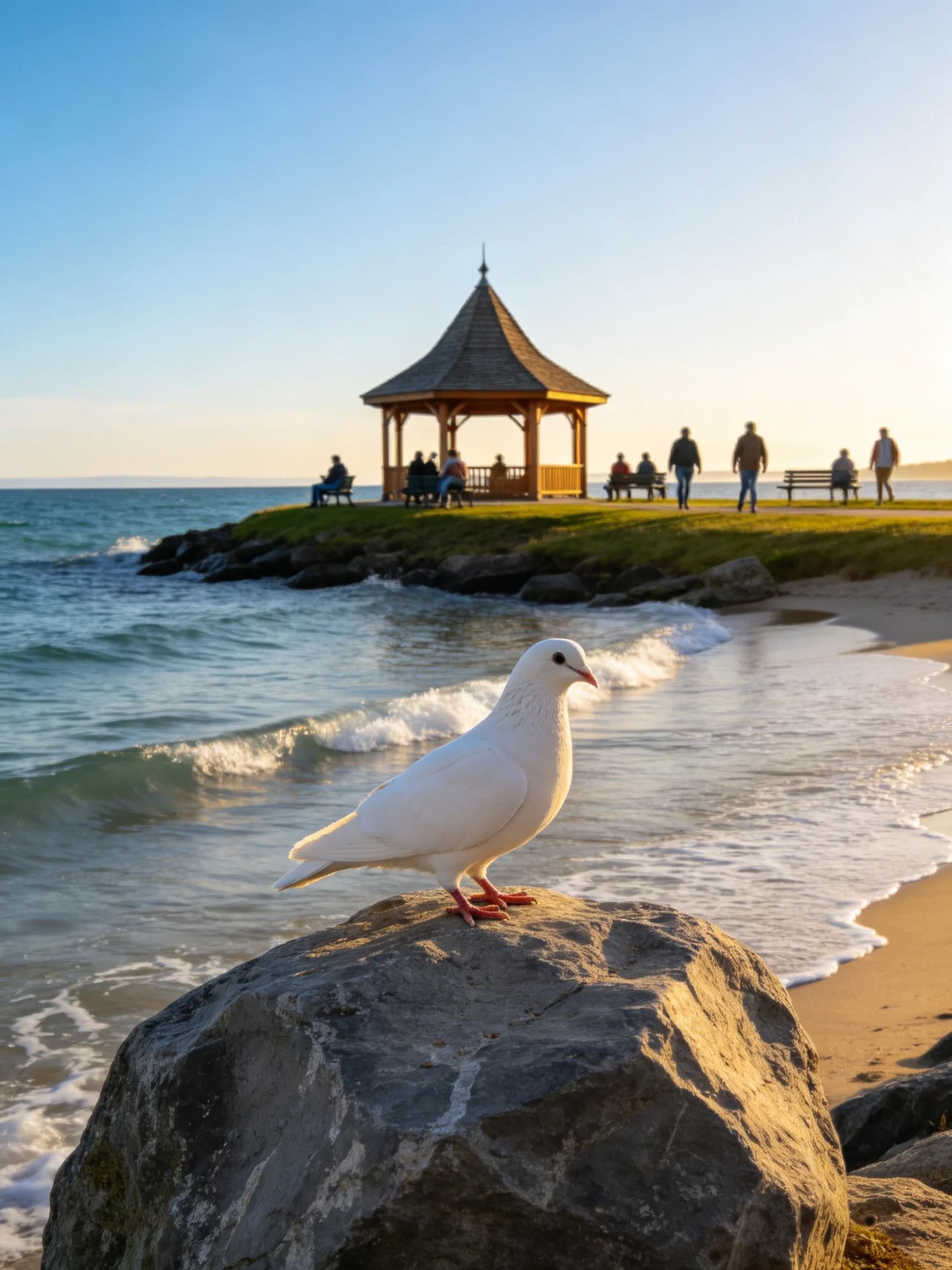 A white dove perched on a rocky shore by a coastal gazebo
