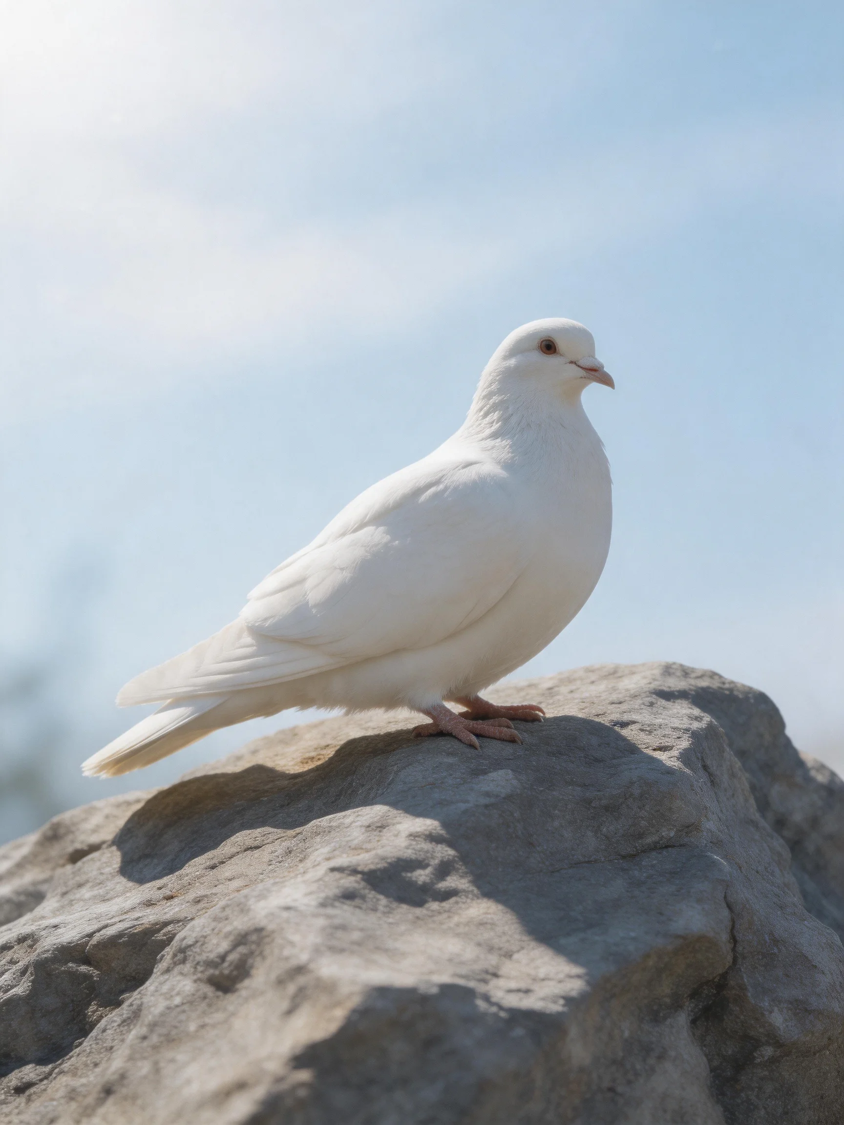 A white dove perched on a rugged gray rock under a clear blue sky