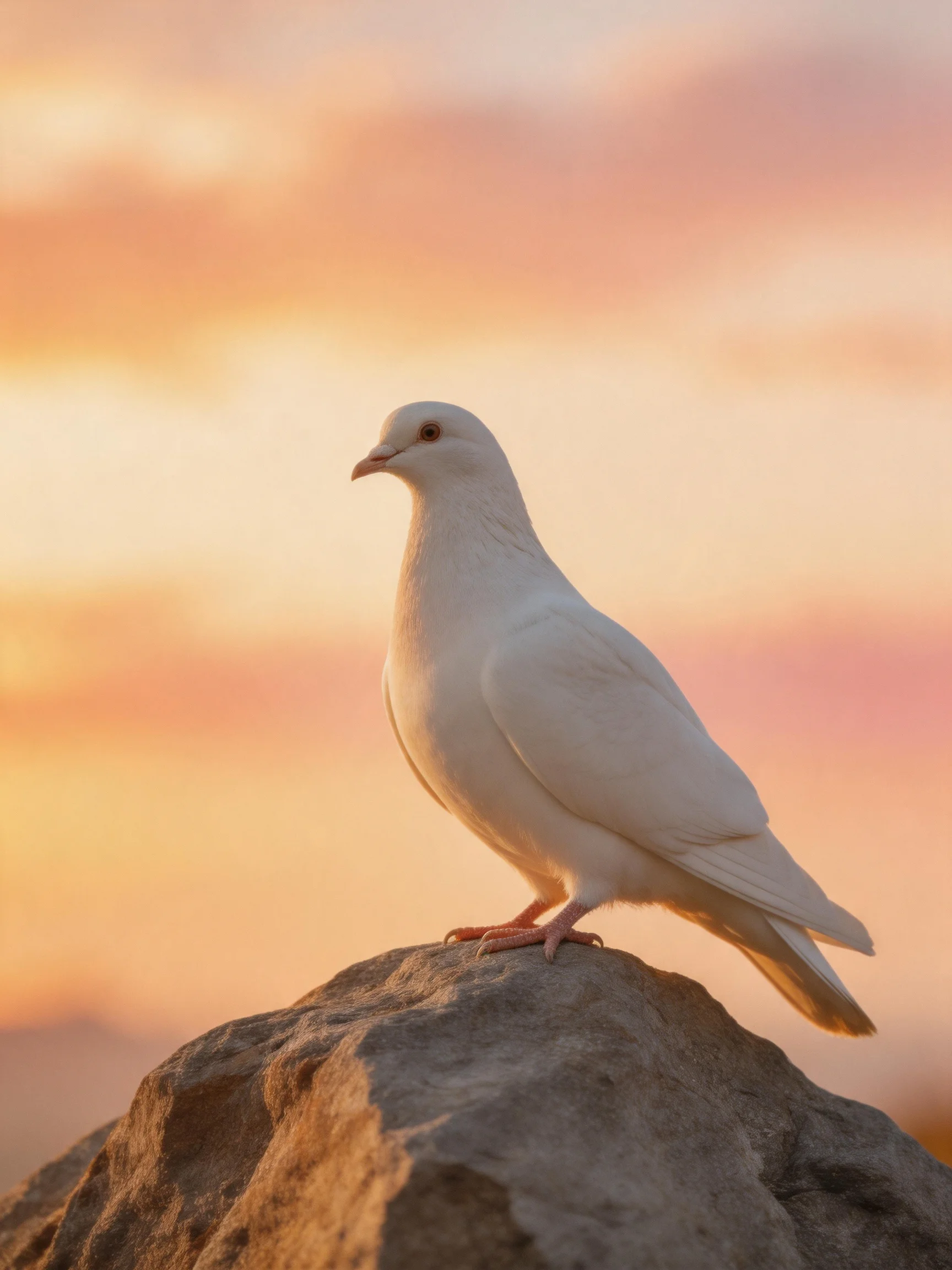 A white dove perched on a rugged rock amid a pink-orange sunset sky