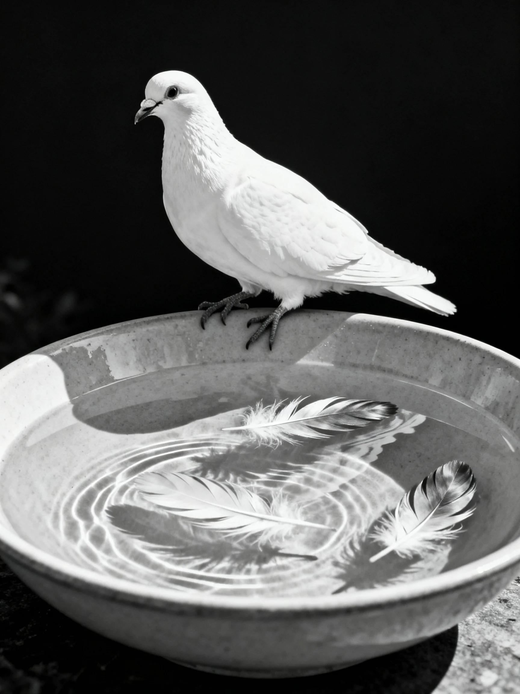 A white dove perched on a shallow bowl with floating feathers