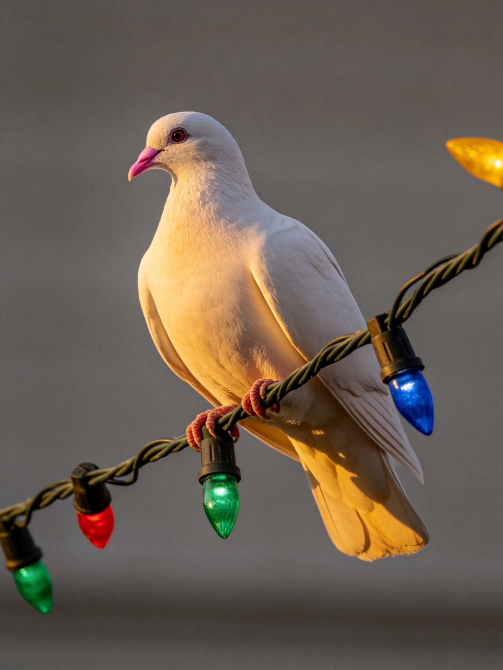 A white dove perched on a string of colorful holiday lights