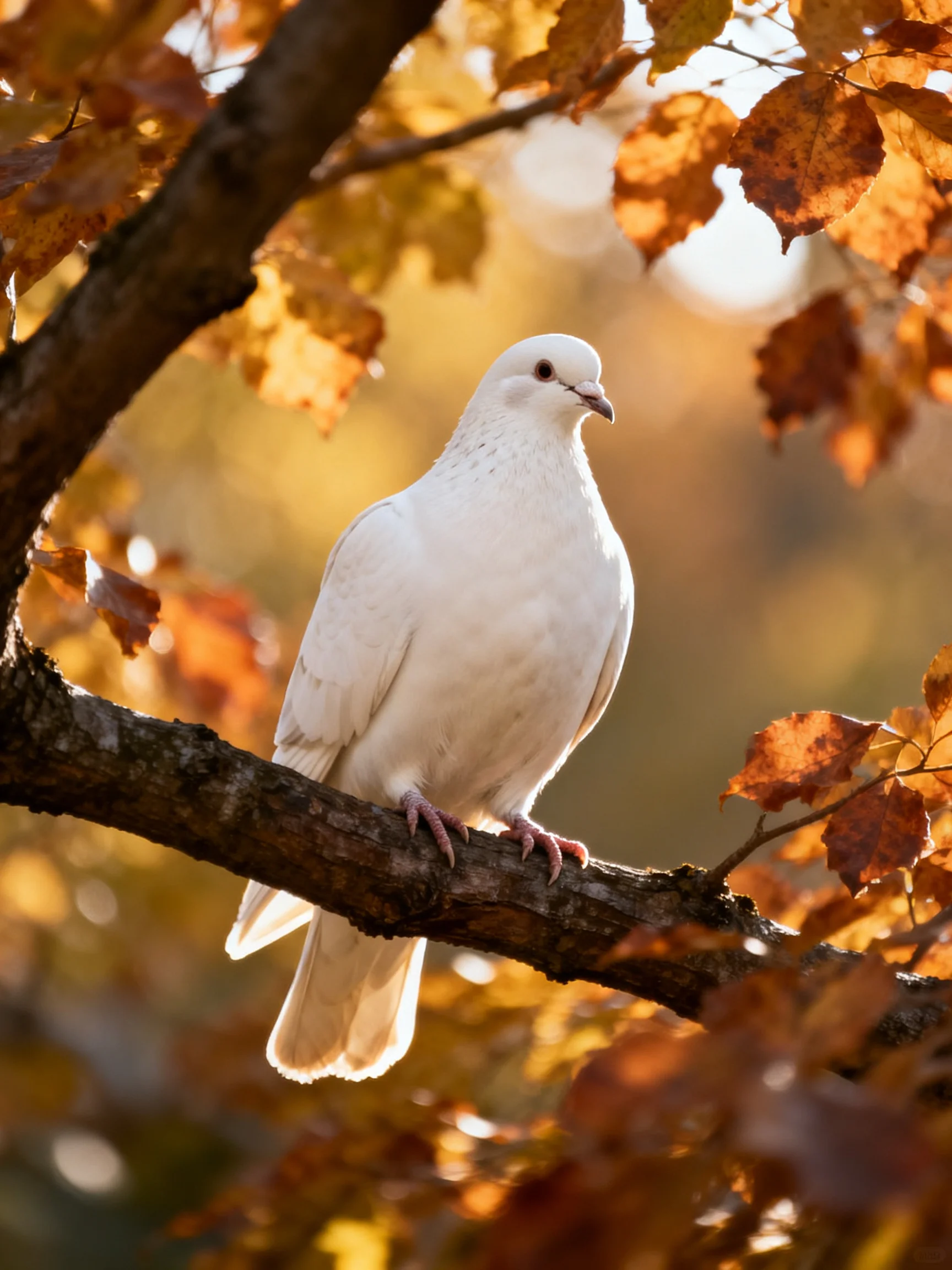 A white dove perched on a tree branch among autumn leaves