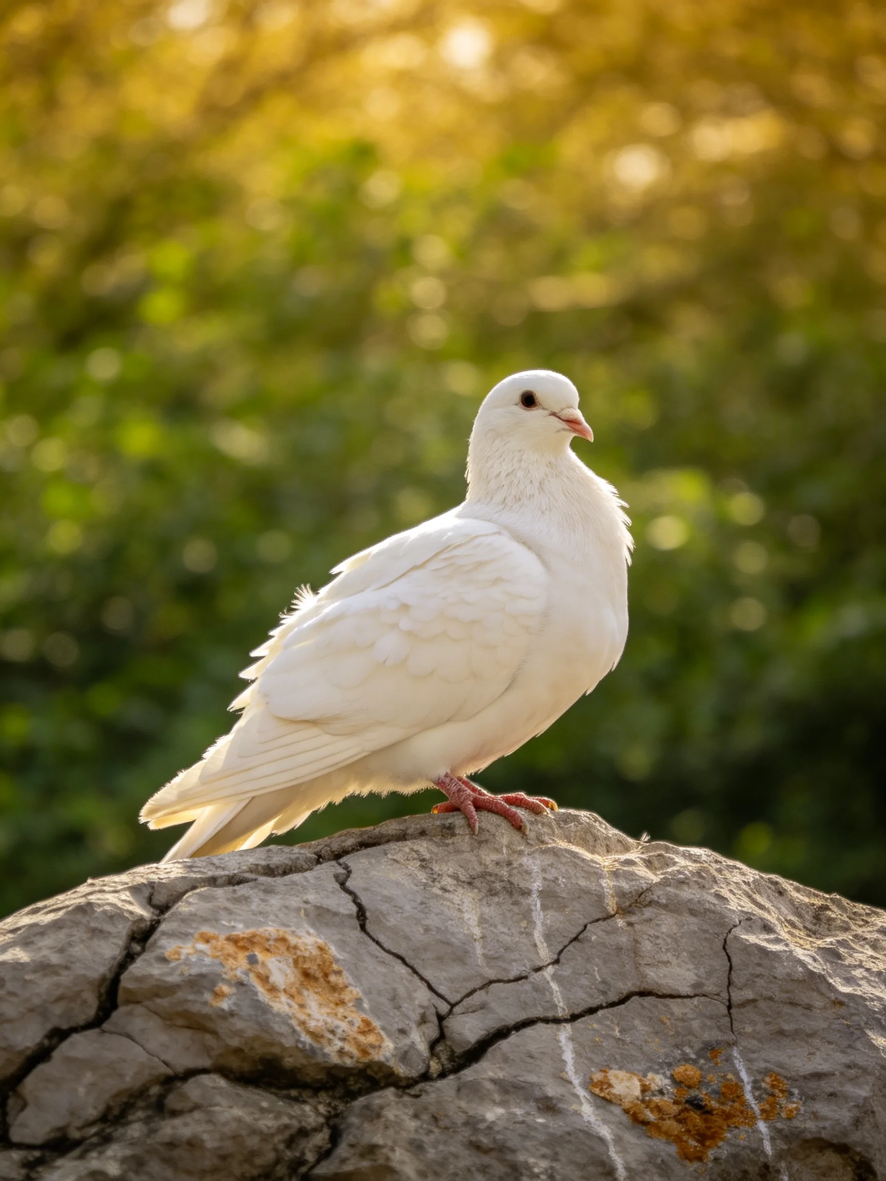 A white dove perched on a weathered gray rock amid lush green foliage