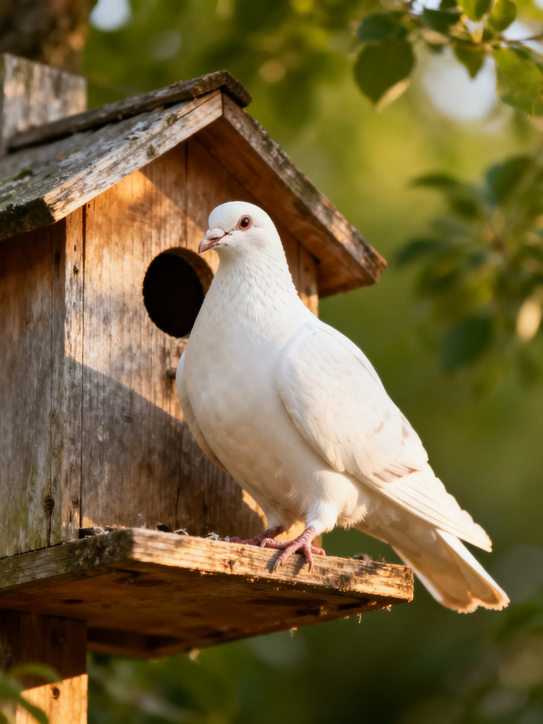 A white dove perched on a weathered wooden birdhouse