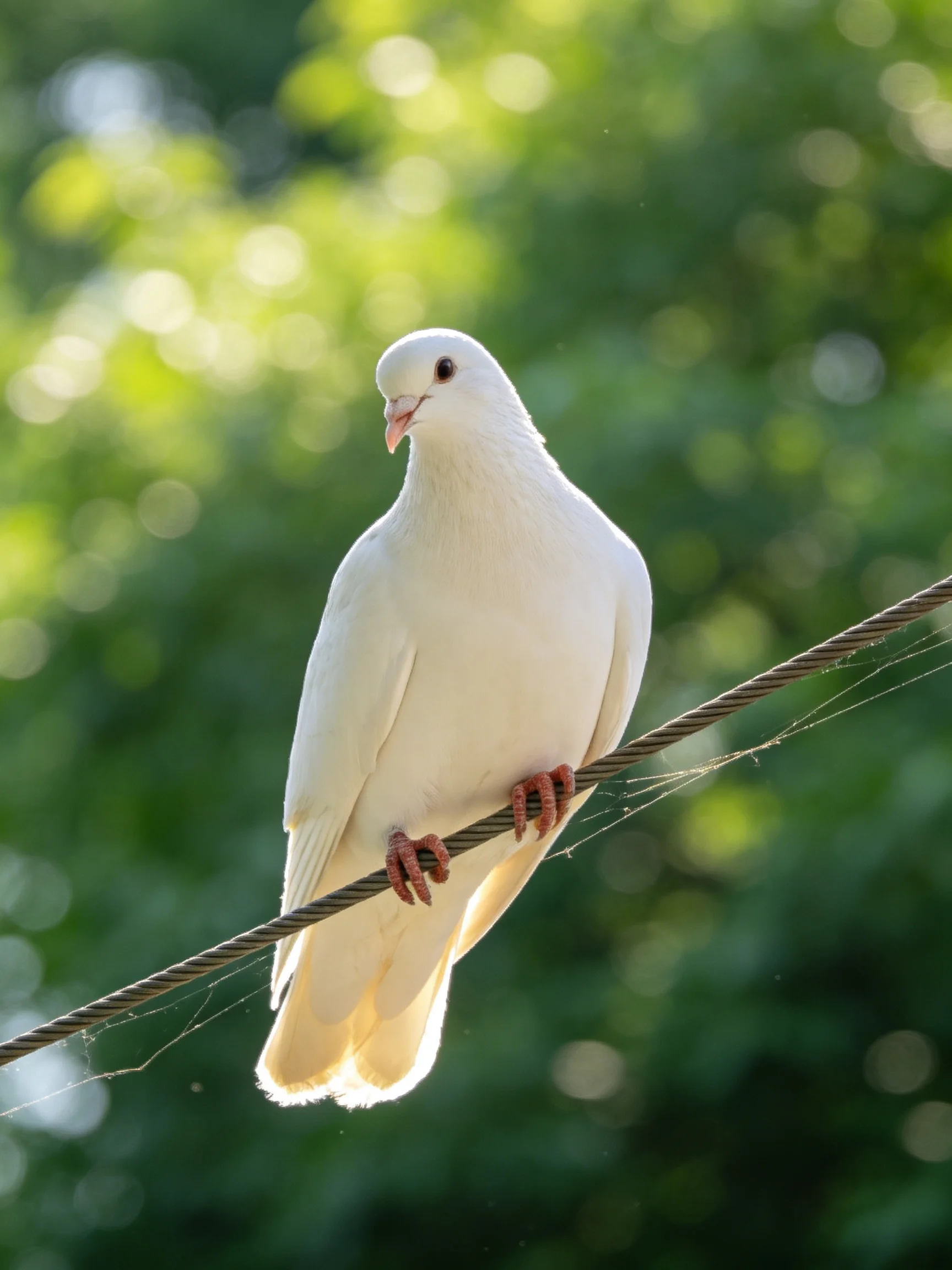 A white dove perched on a wire amid a lush green bokeh background