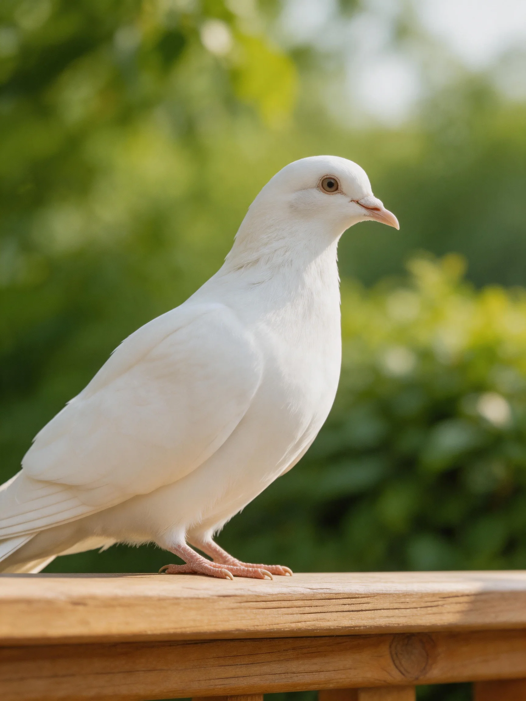 A white dove perched on a wooden railing amid lush green foliage
