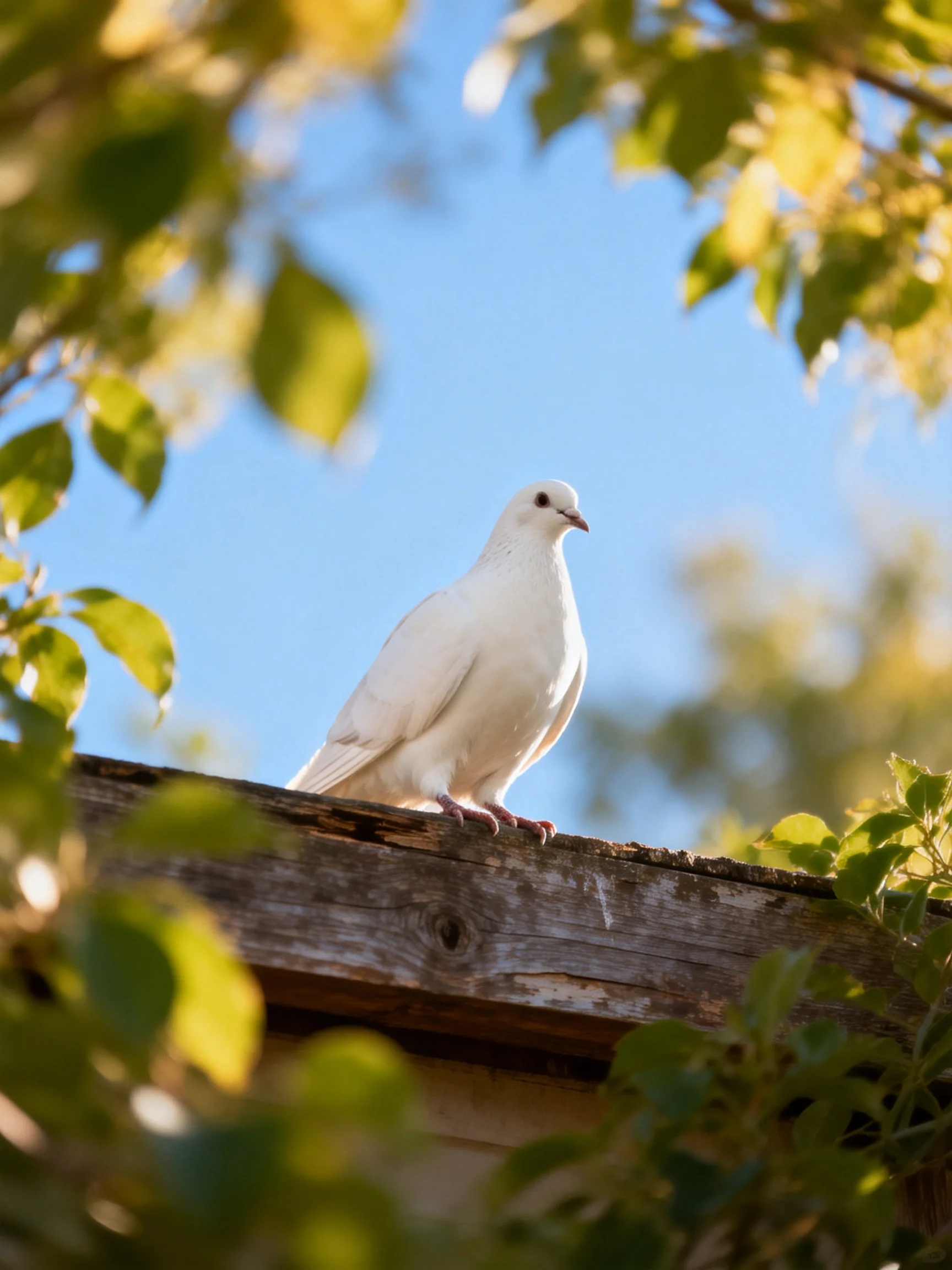 A white dove perched on an aged wooden beam surrounded by greenery