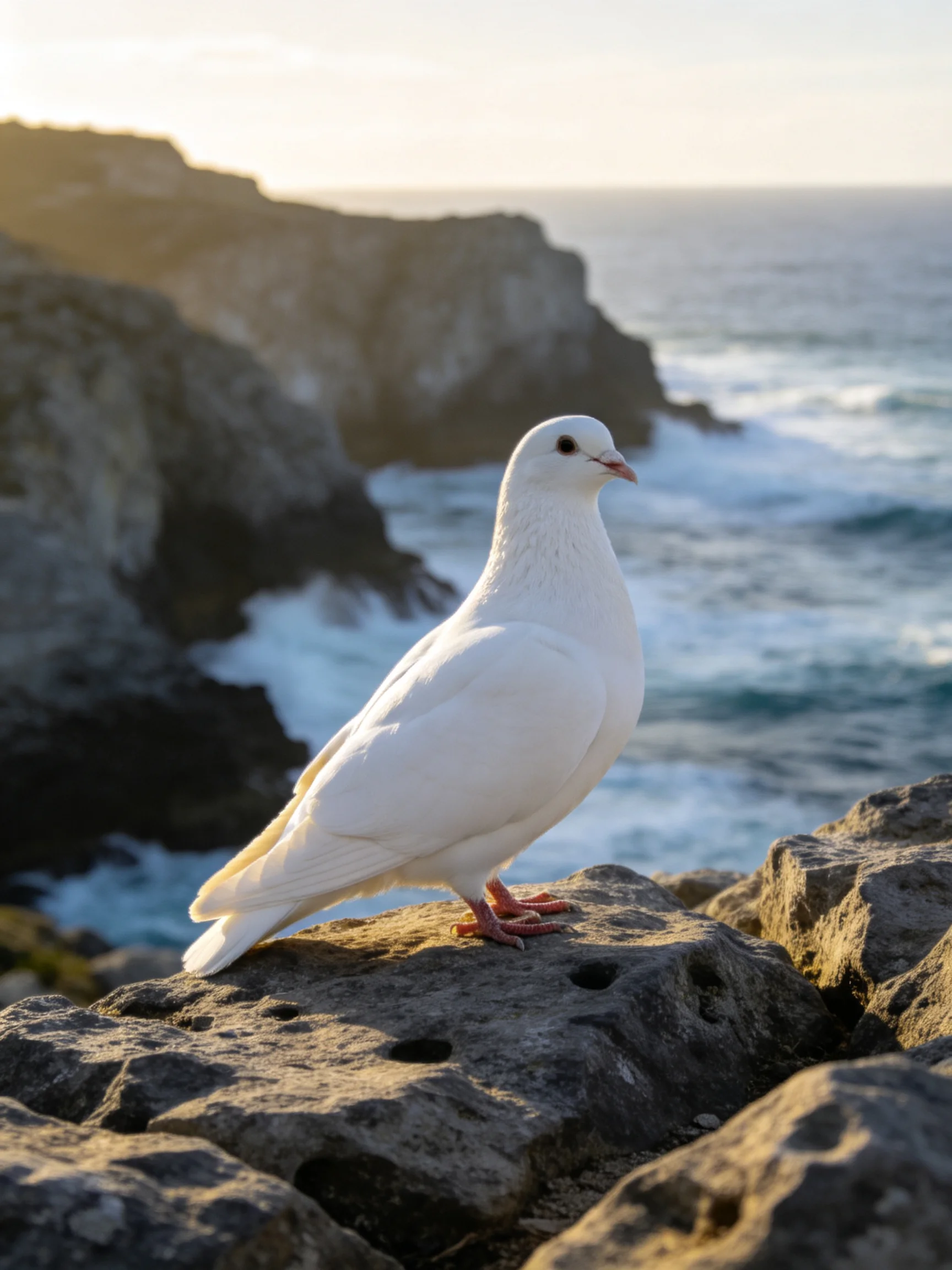 A white dove perched on coastal rocky cliffs by the ocean