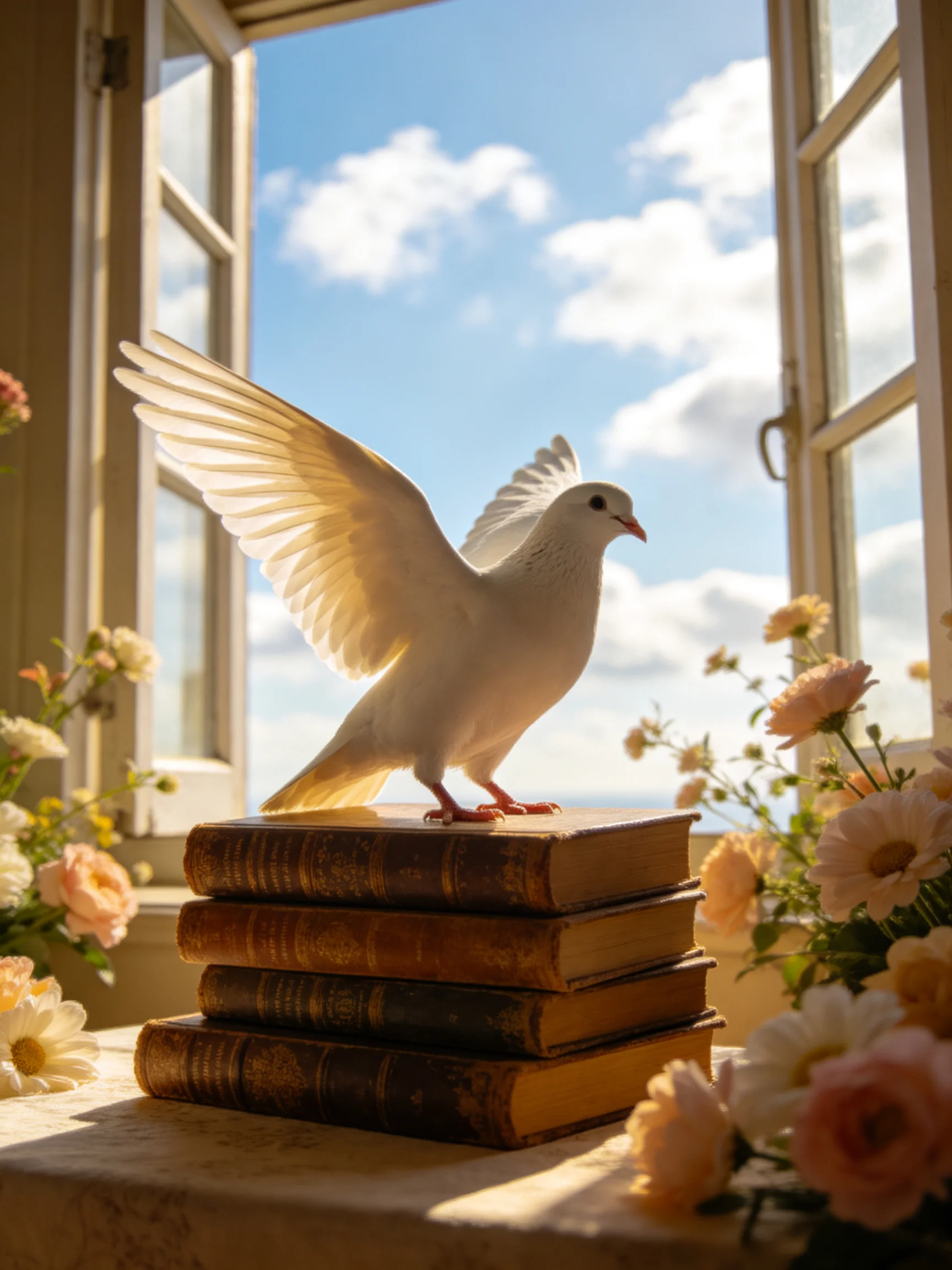 A white dove perched on stacked antique books near blooming flowers