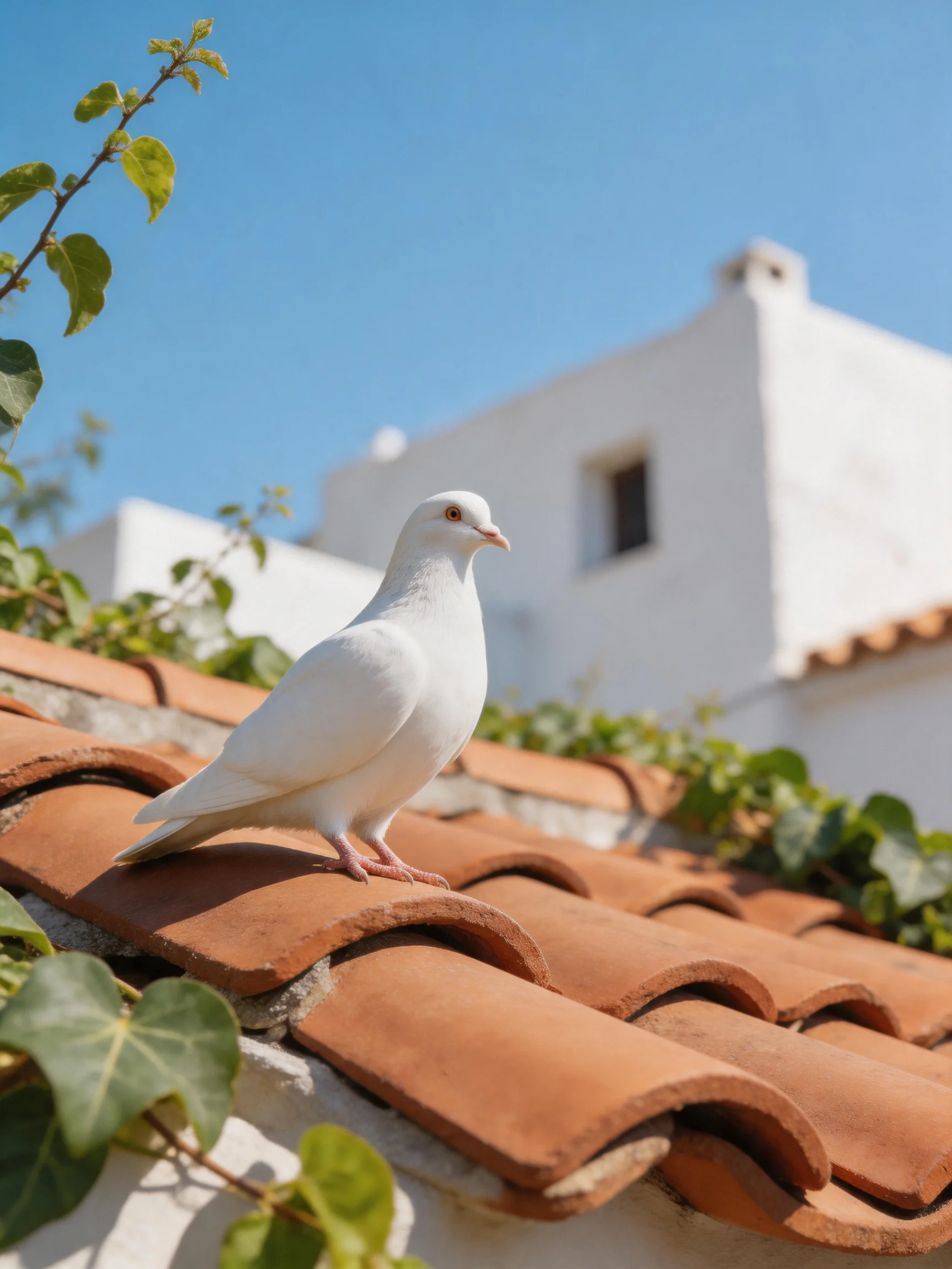A white dove perched on terracotta roof tiles near a white building