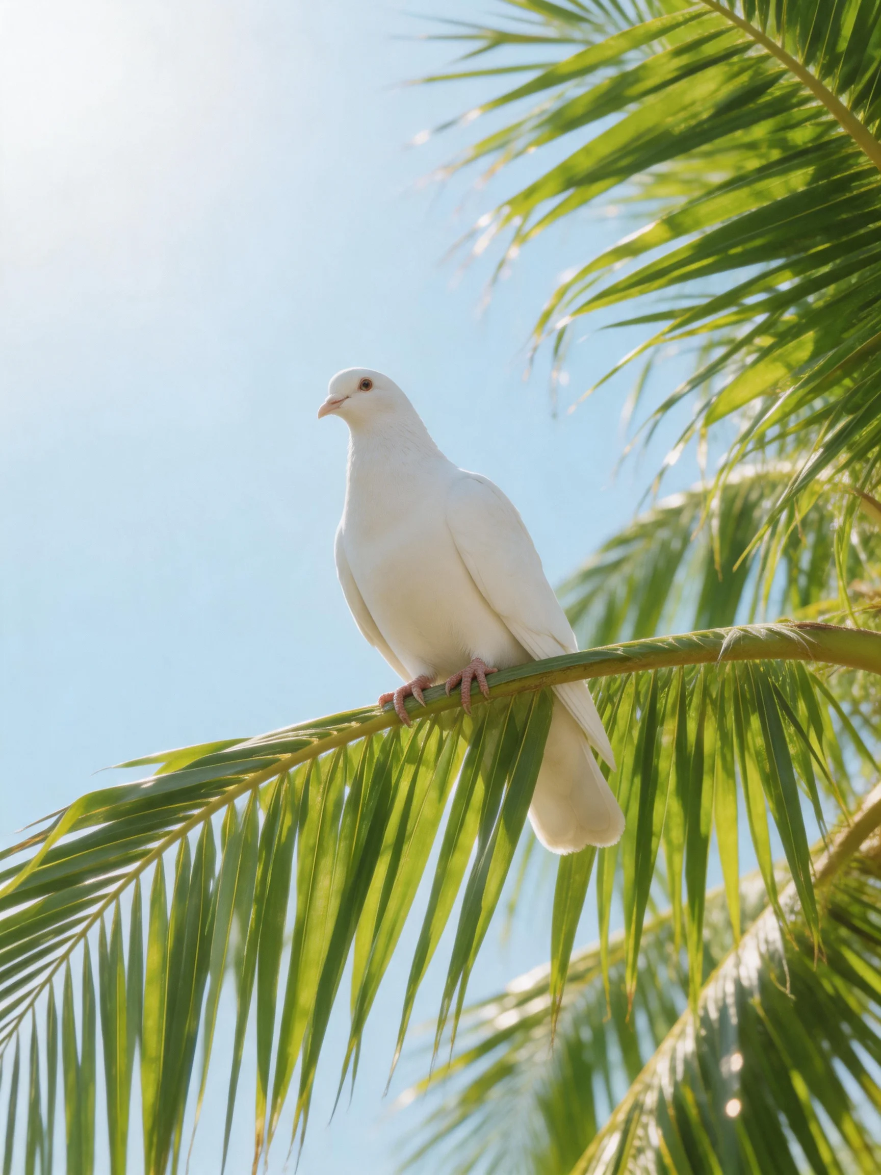 A white dove perched on vibrant green palm fronds against a clear blue sky