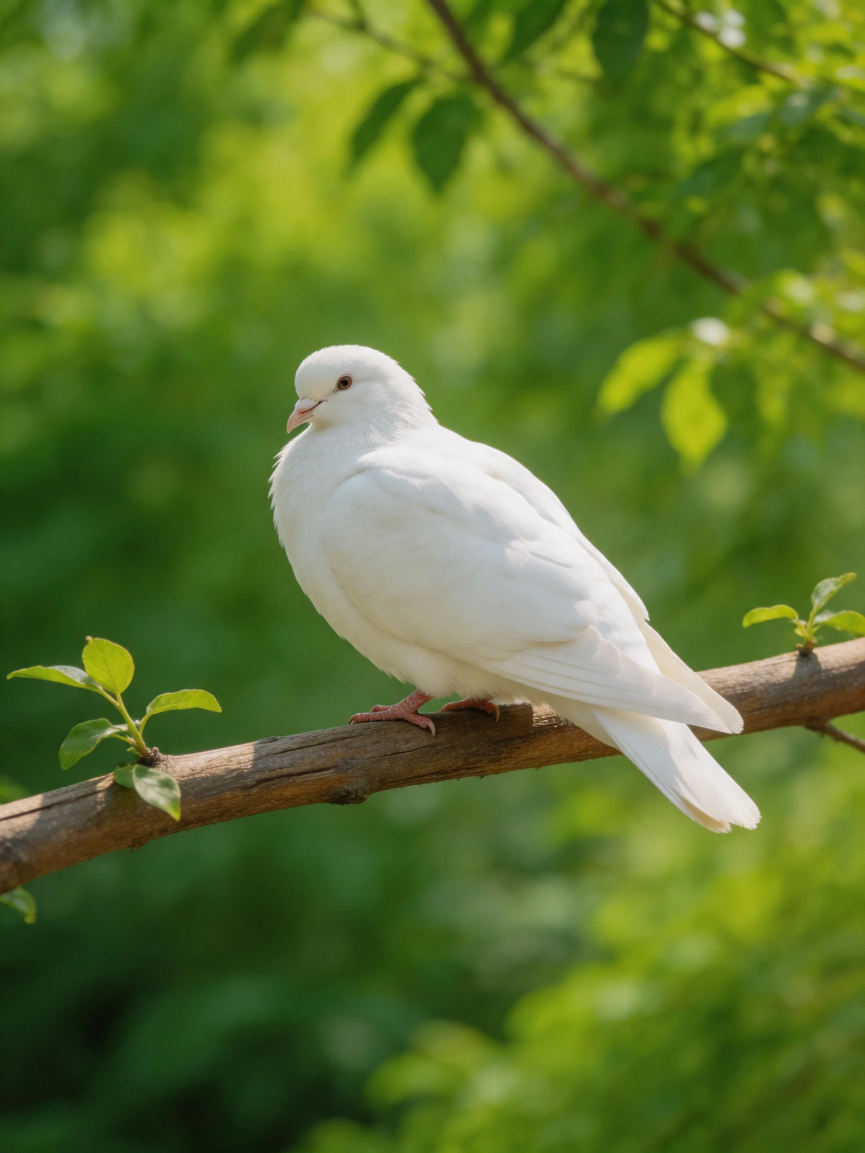 A white dove perches on a brown tree branch amid lush green foliage