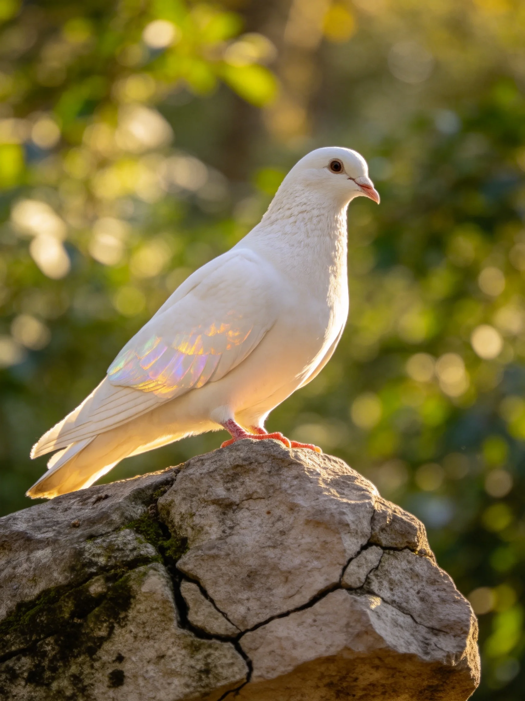 A white dove perches on a cracked stone amid sunlit greenery