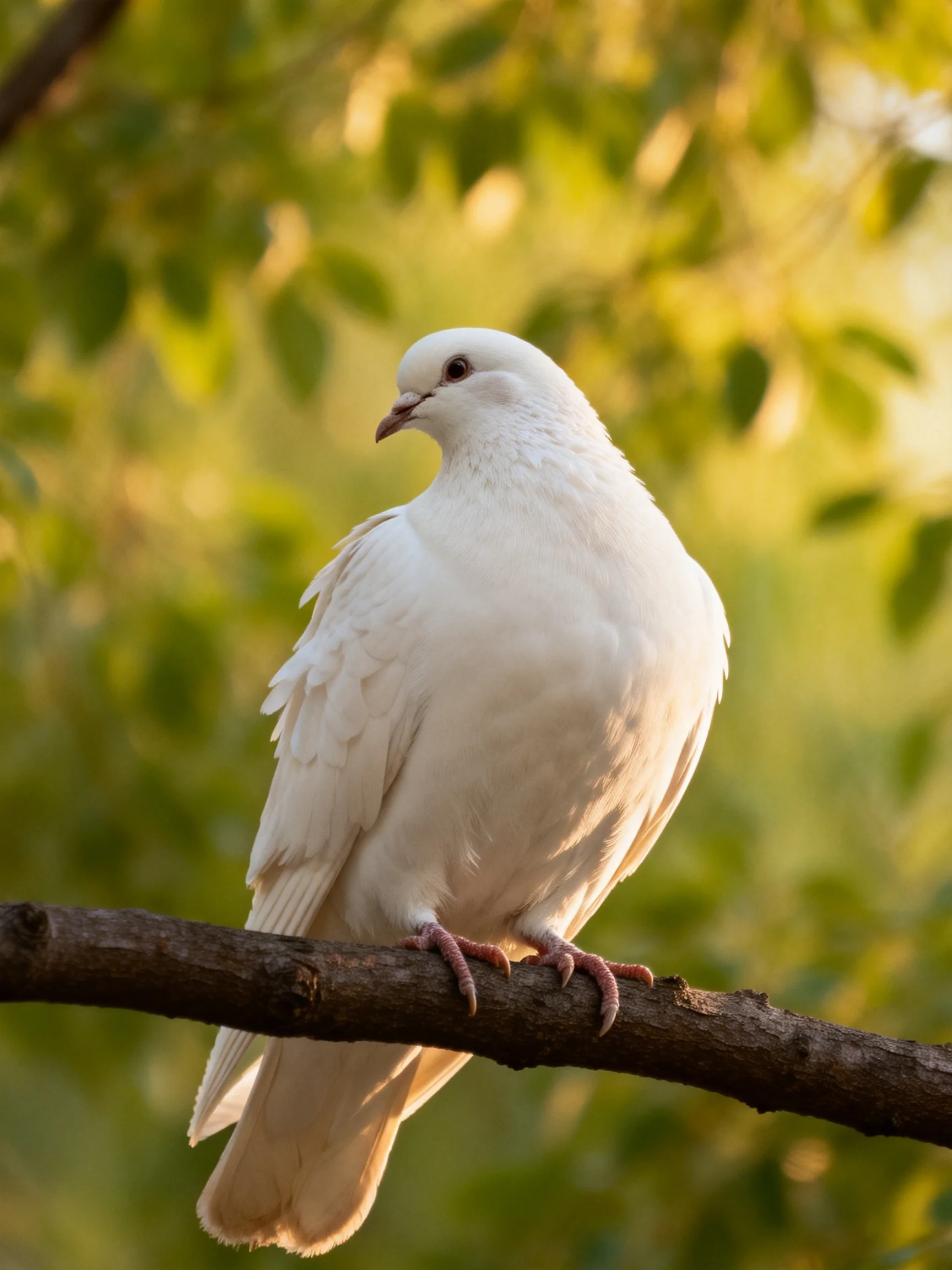 A white dove perches on a dark brown tree branch amid green foliage