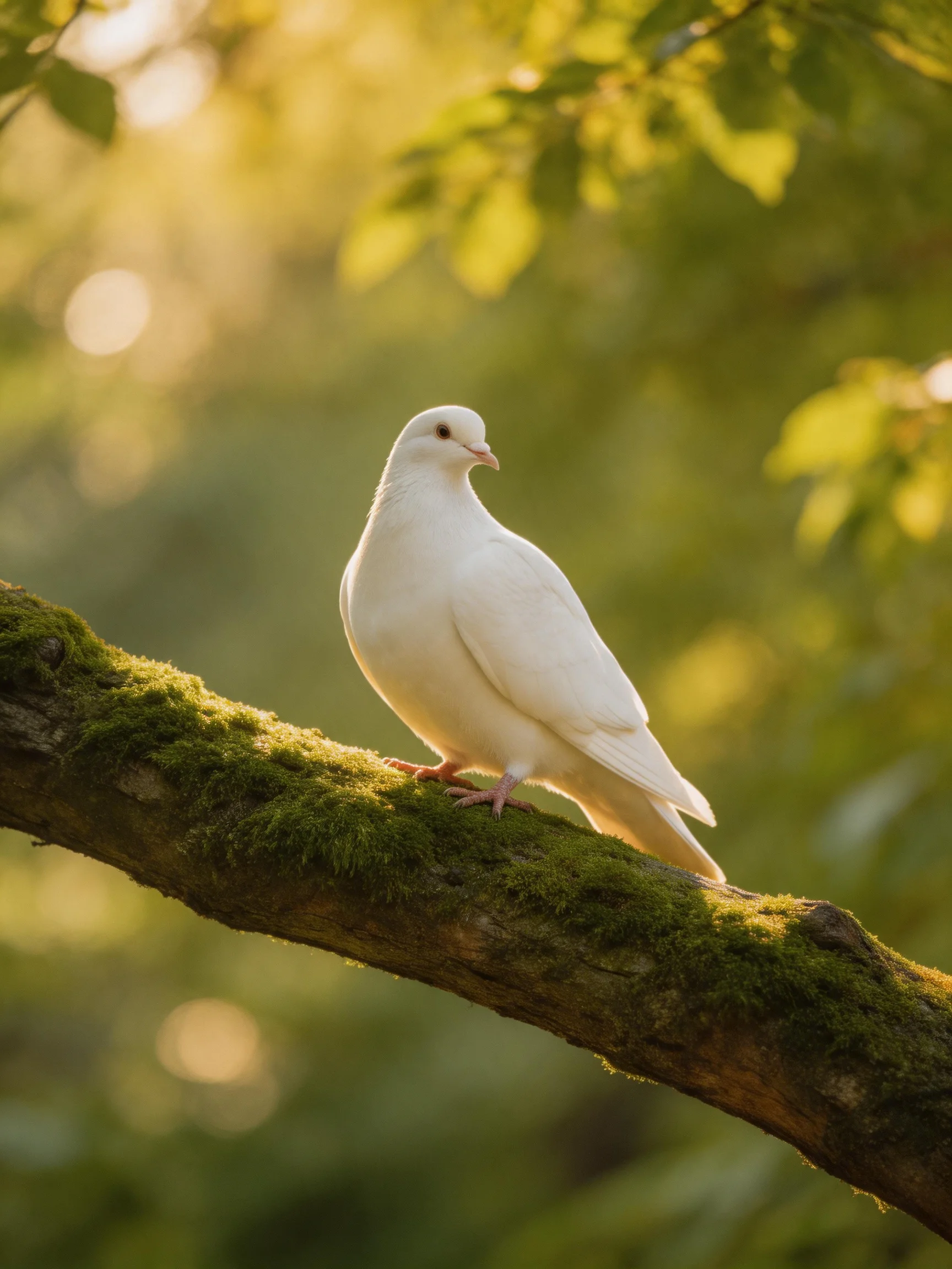 A white dove perches on a moss-covered tree branch in a sunlit forest