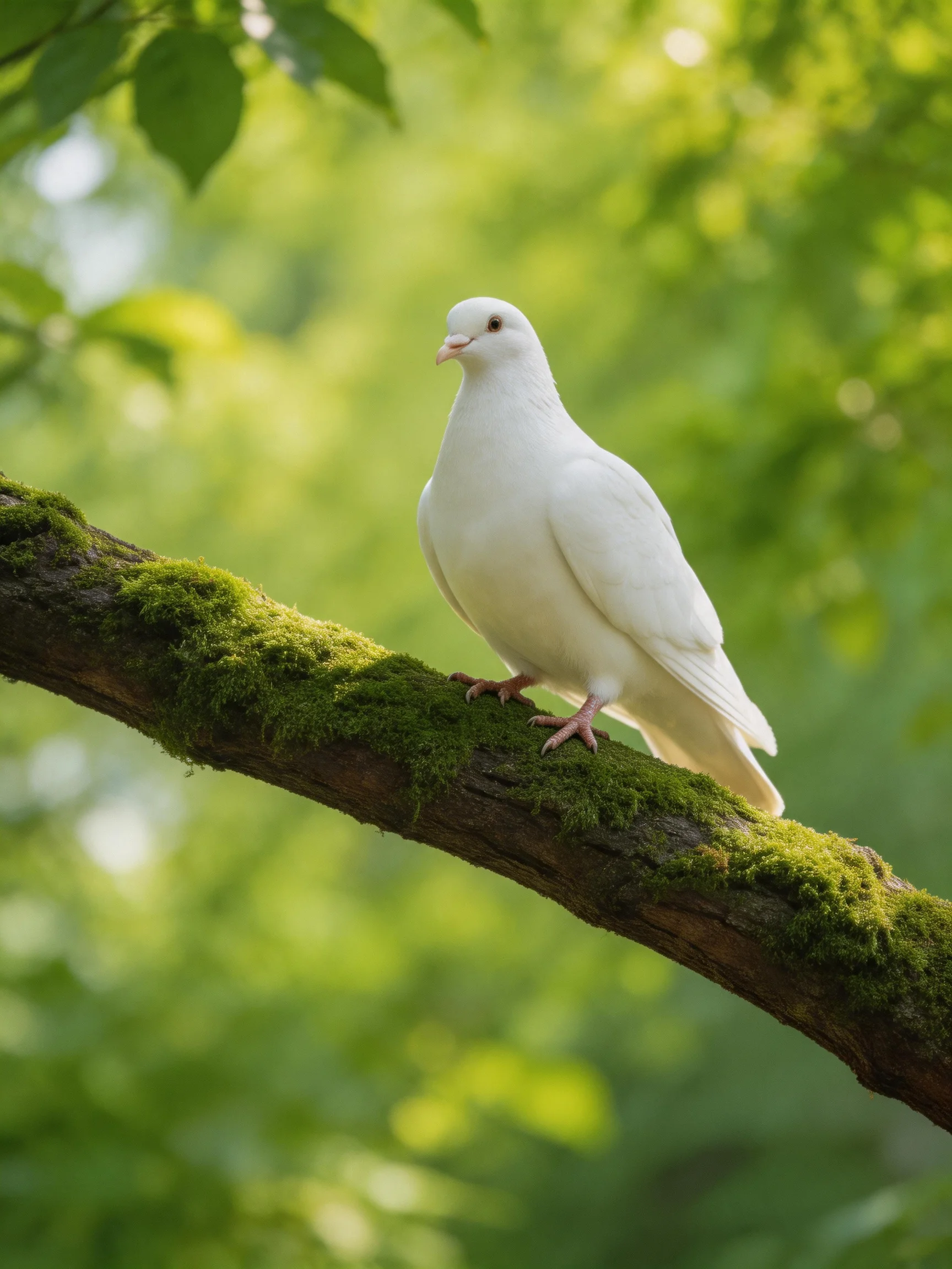 A white dove perches on a moss-covered tree branch in a verdant forest