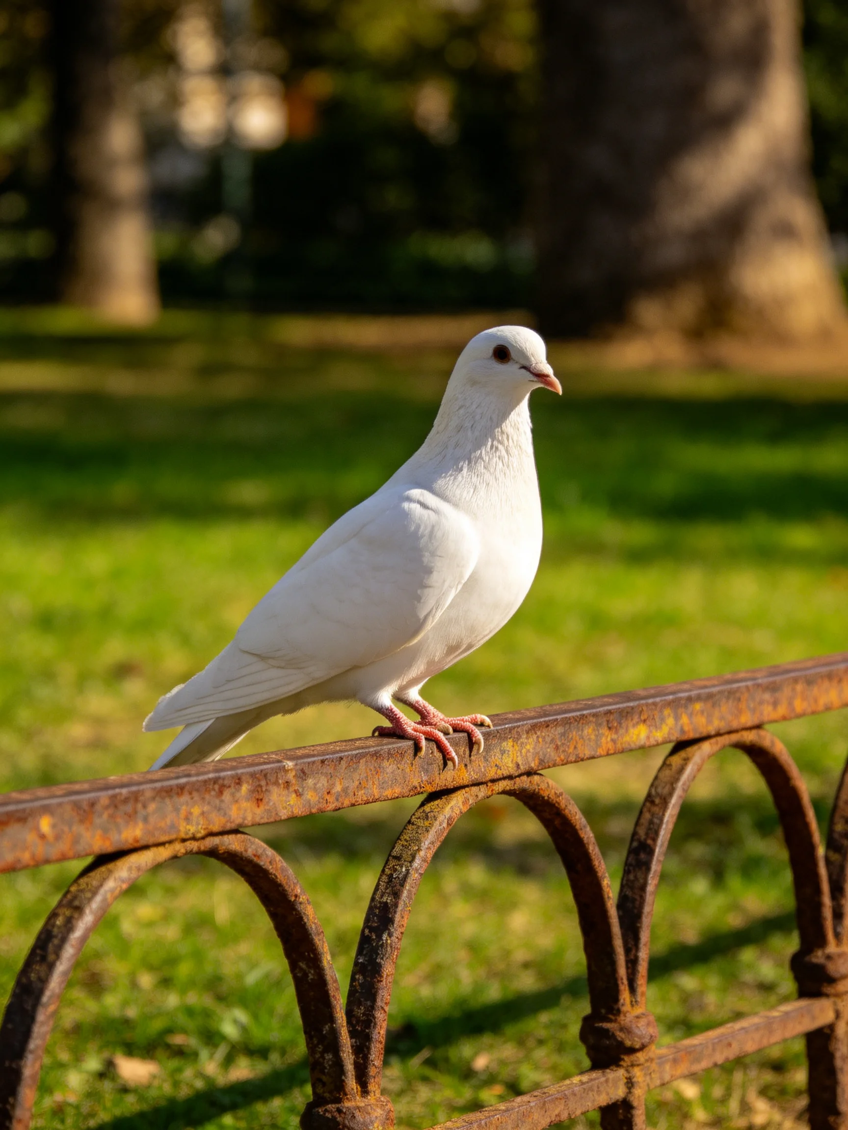 A white dove perches on a rusted metal fence in a green park