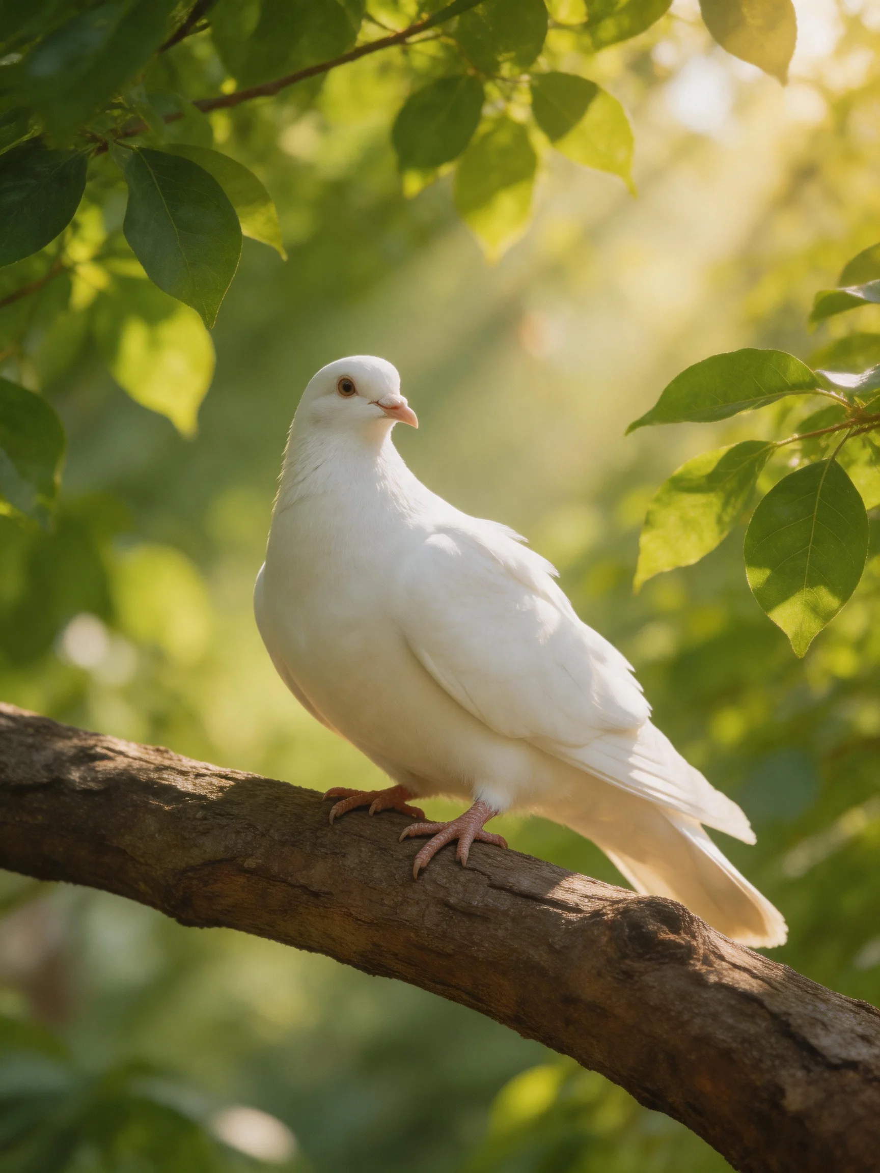 A white dove perches on a thick brown branch surrounded by green leaves