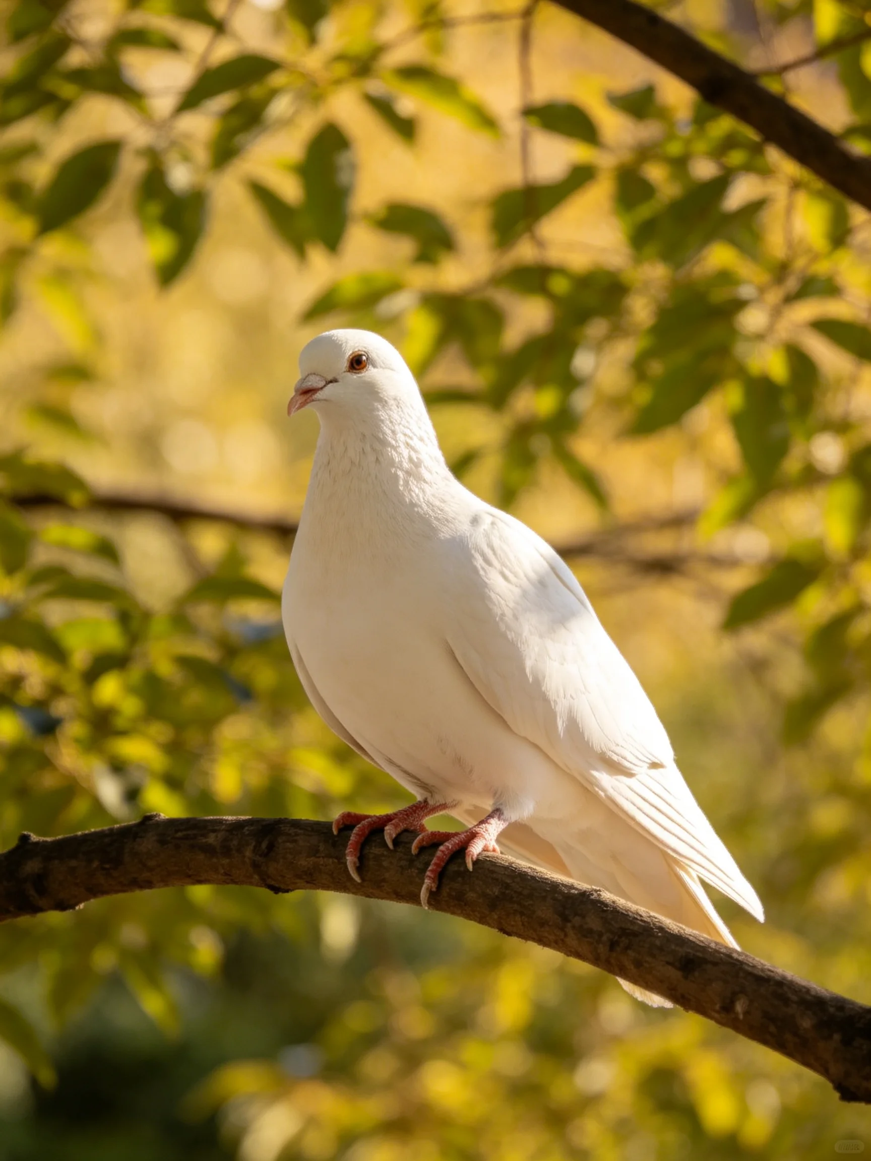 A white dove perches on a tree branch with green and golden leaves