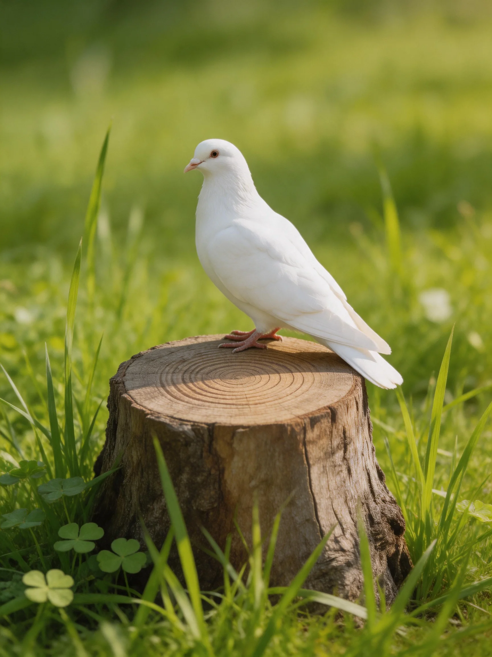 A white dove perches on a weathered tree stump amid lush green grass