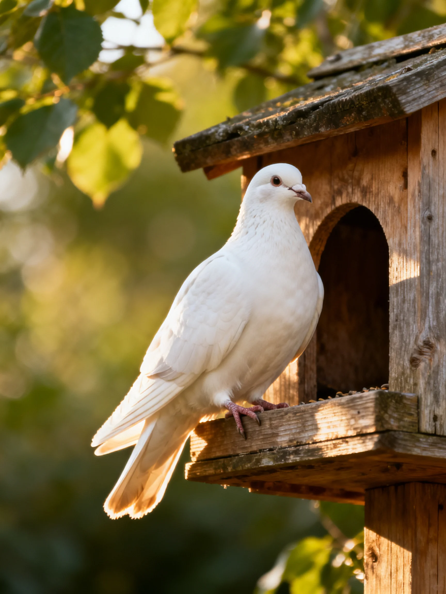 A white dove perches on a weathered wooden birdhouse amid green foliage