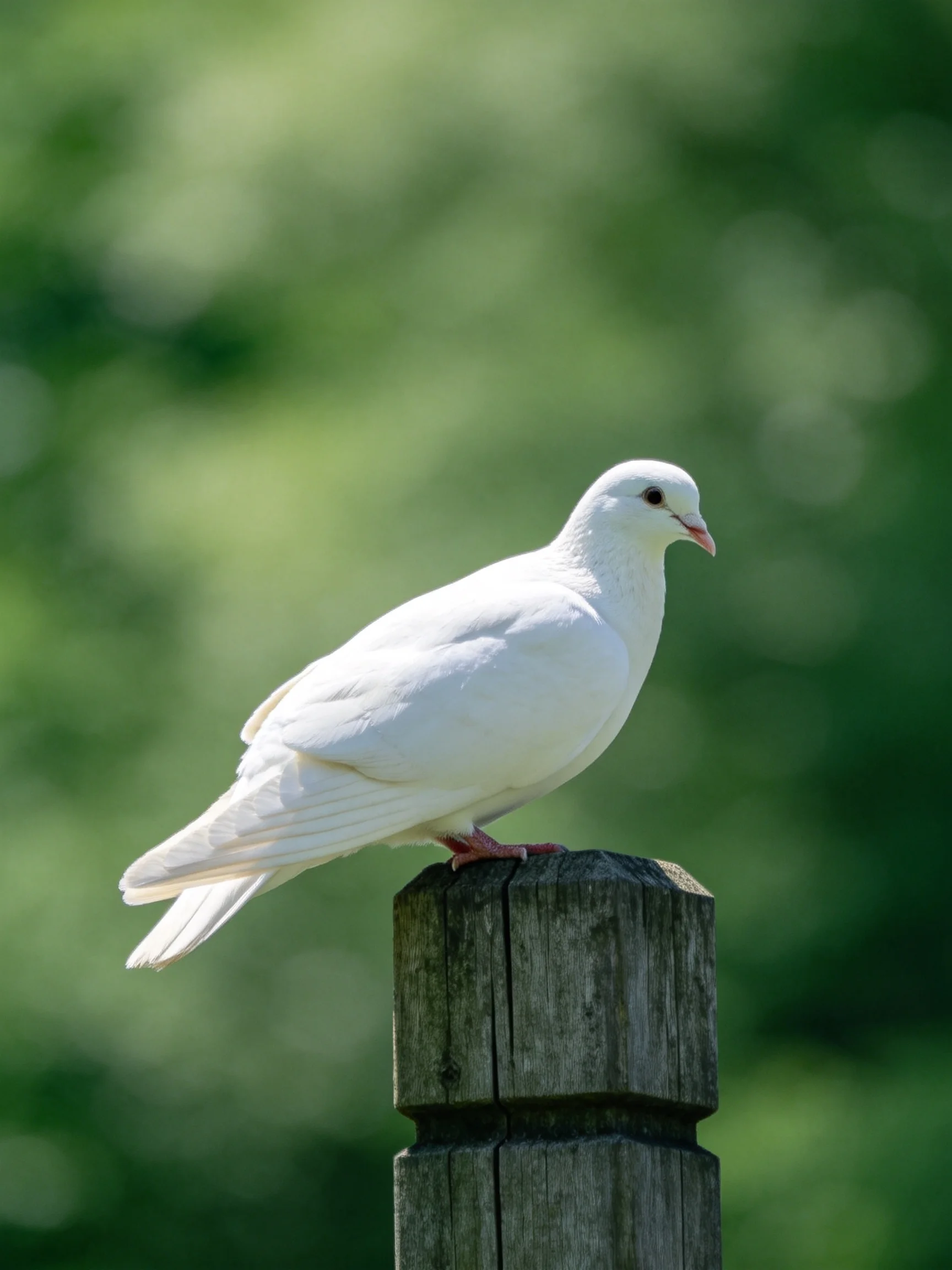 A white dove perches on a weathered wooden post amid verdant greenery