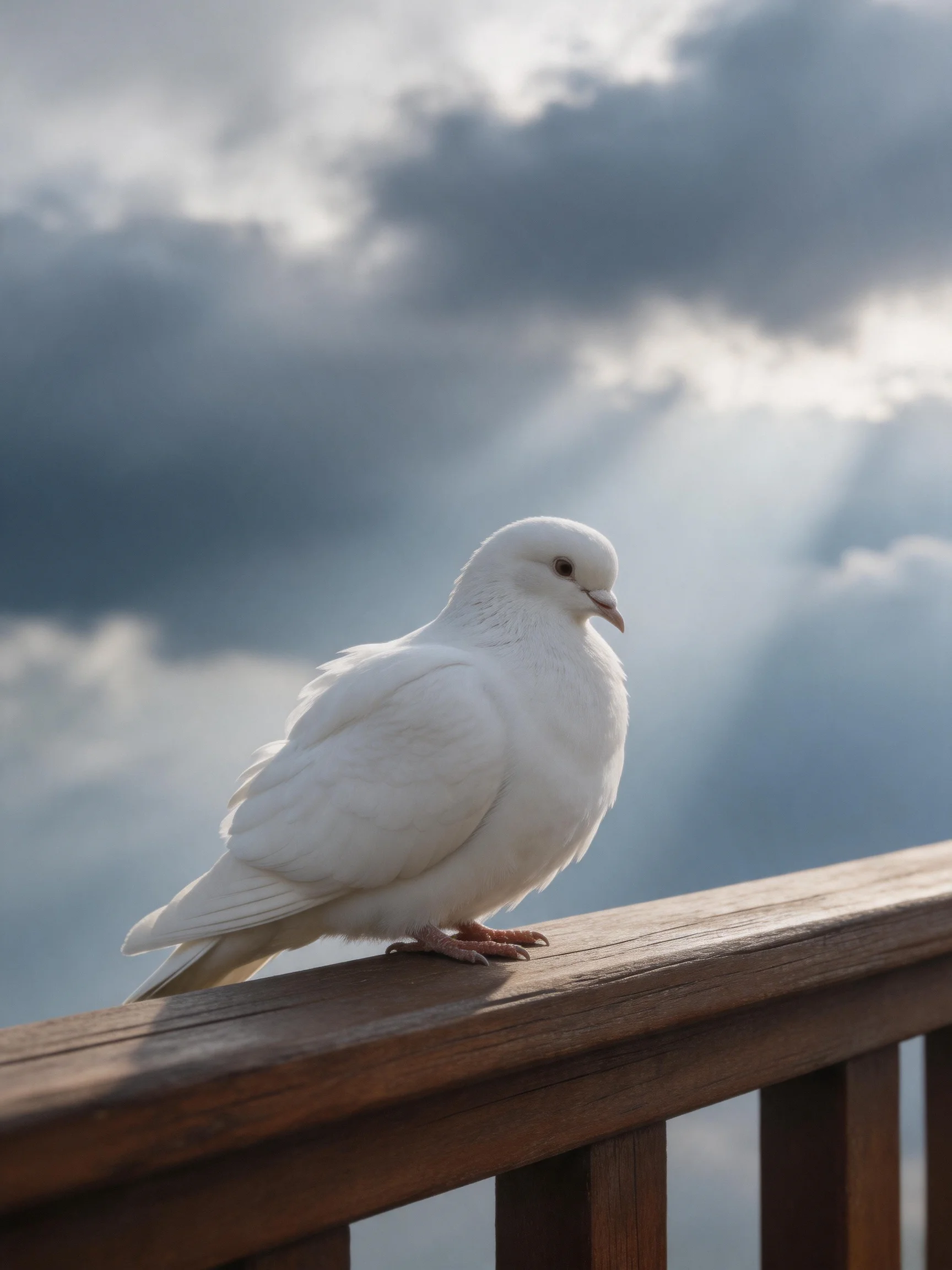 A white dove perches on a wooden railing beneath stormy clouds
