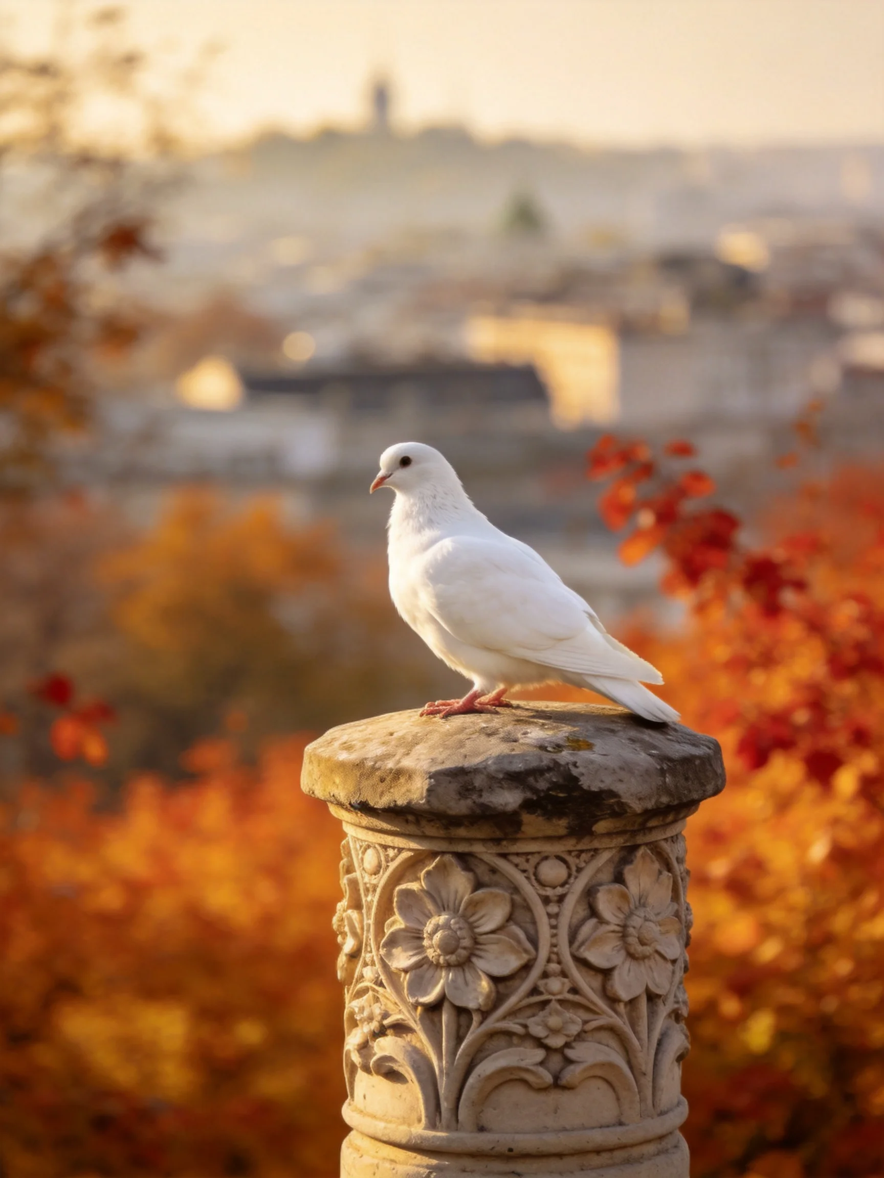 A white dove perches on an ornate stone column amid autumn foliage