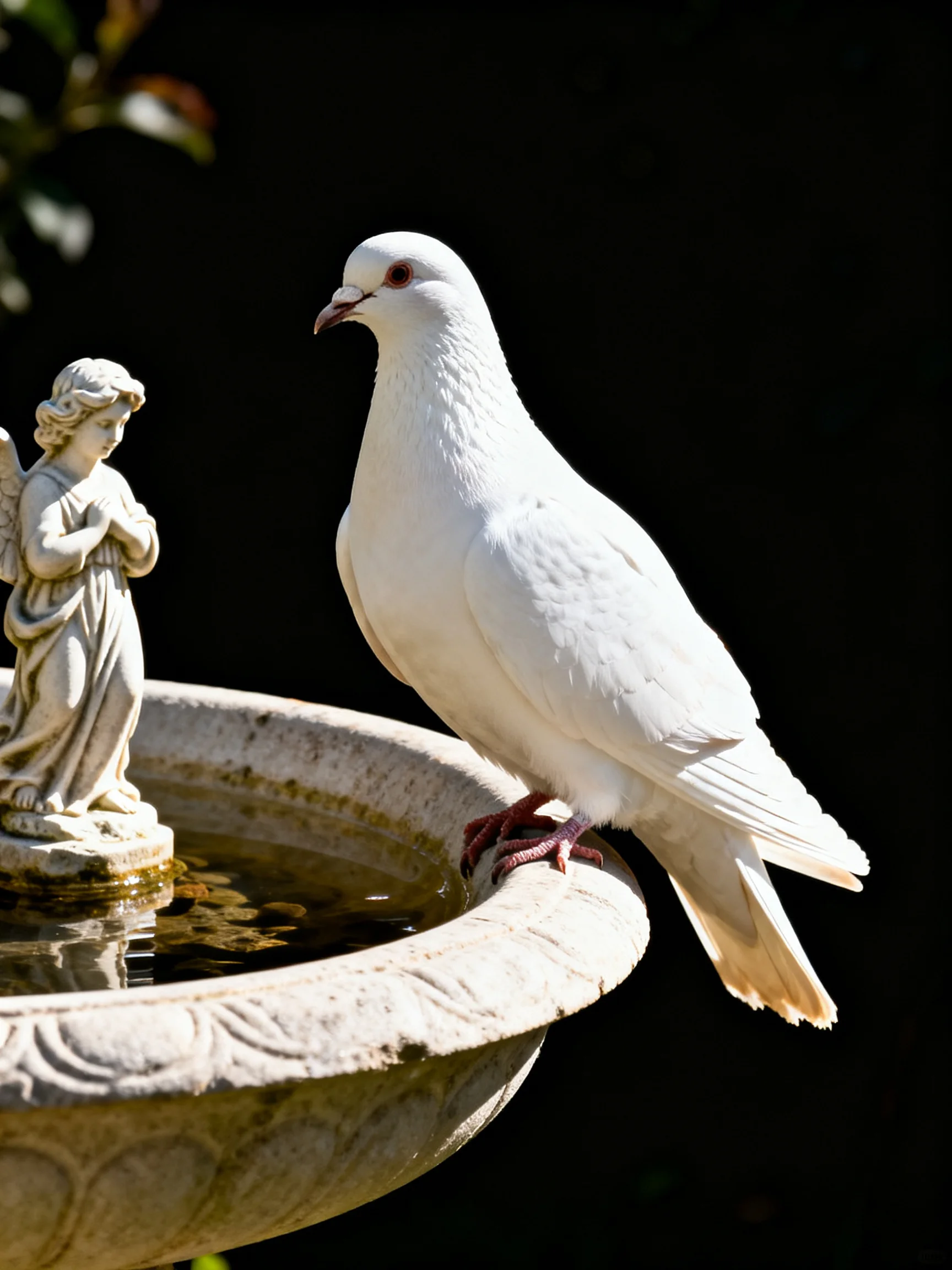 A white dove perches on an ornate stone fountain with a small angel statue