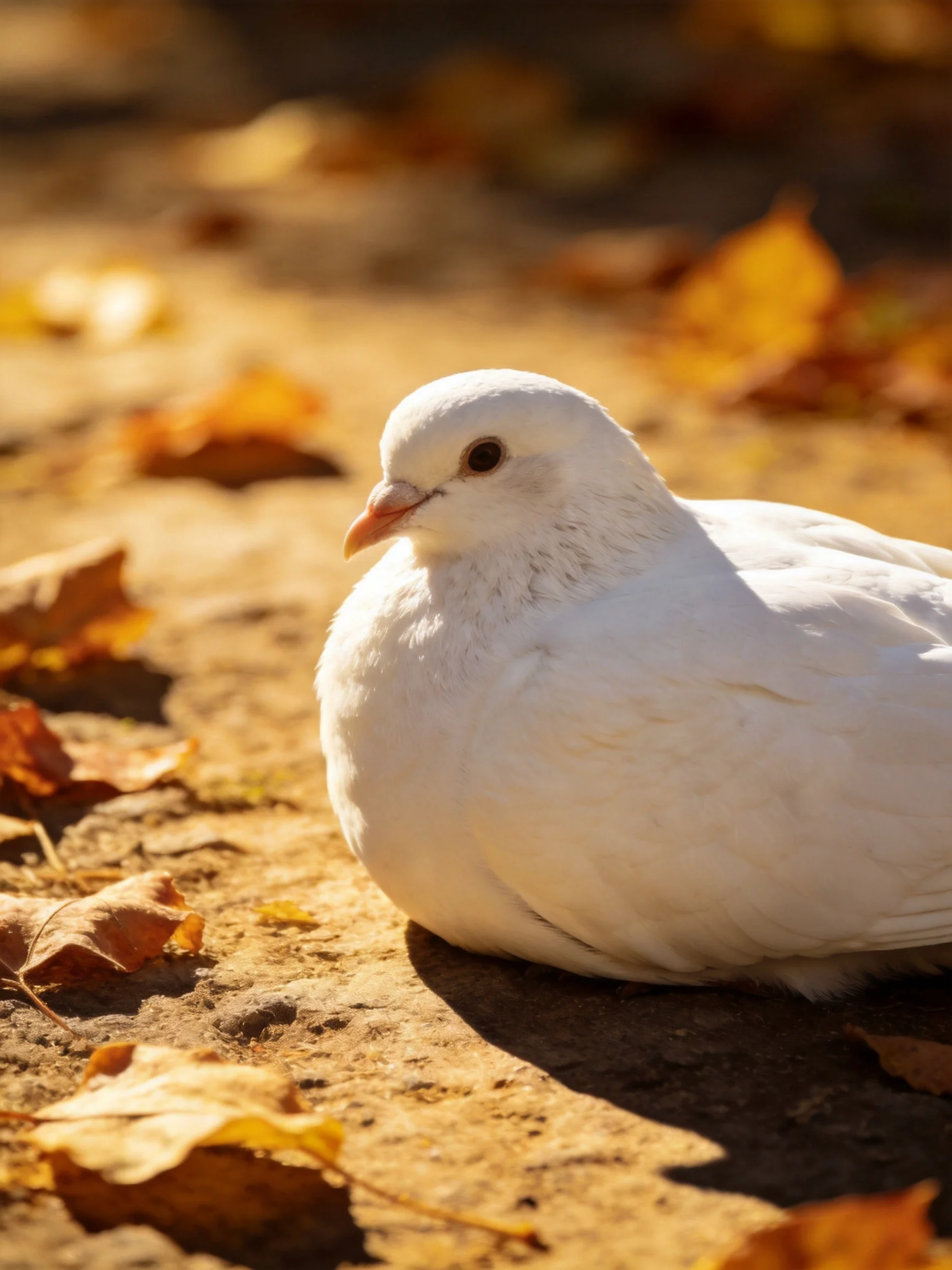A white dove rests among scattered golden autumn leaves