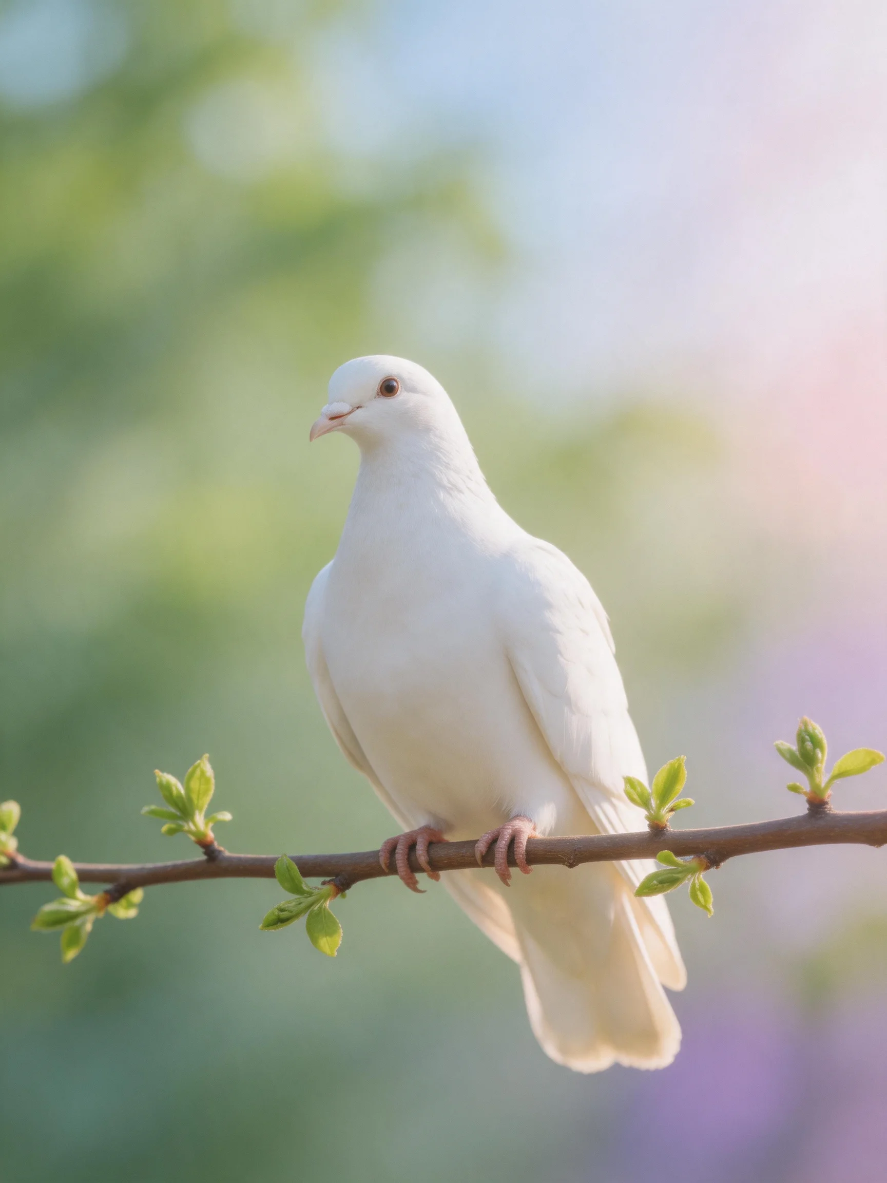 A white dove rests on a branch with fresh green buds