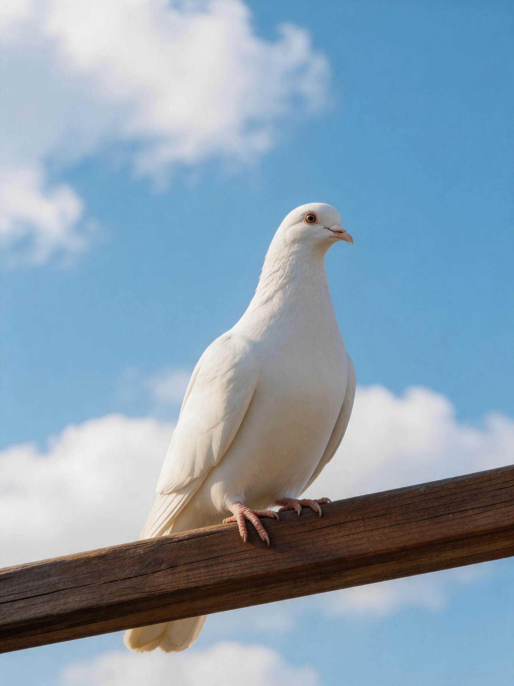 A white dove rests on a weathered wooden beam under a clear blue sky