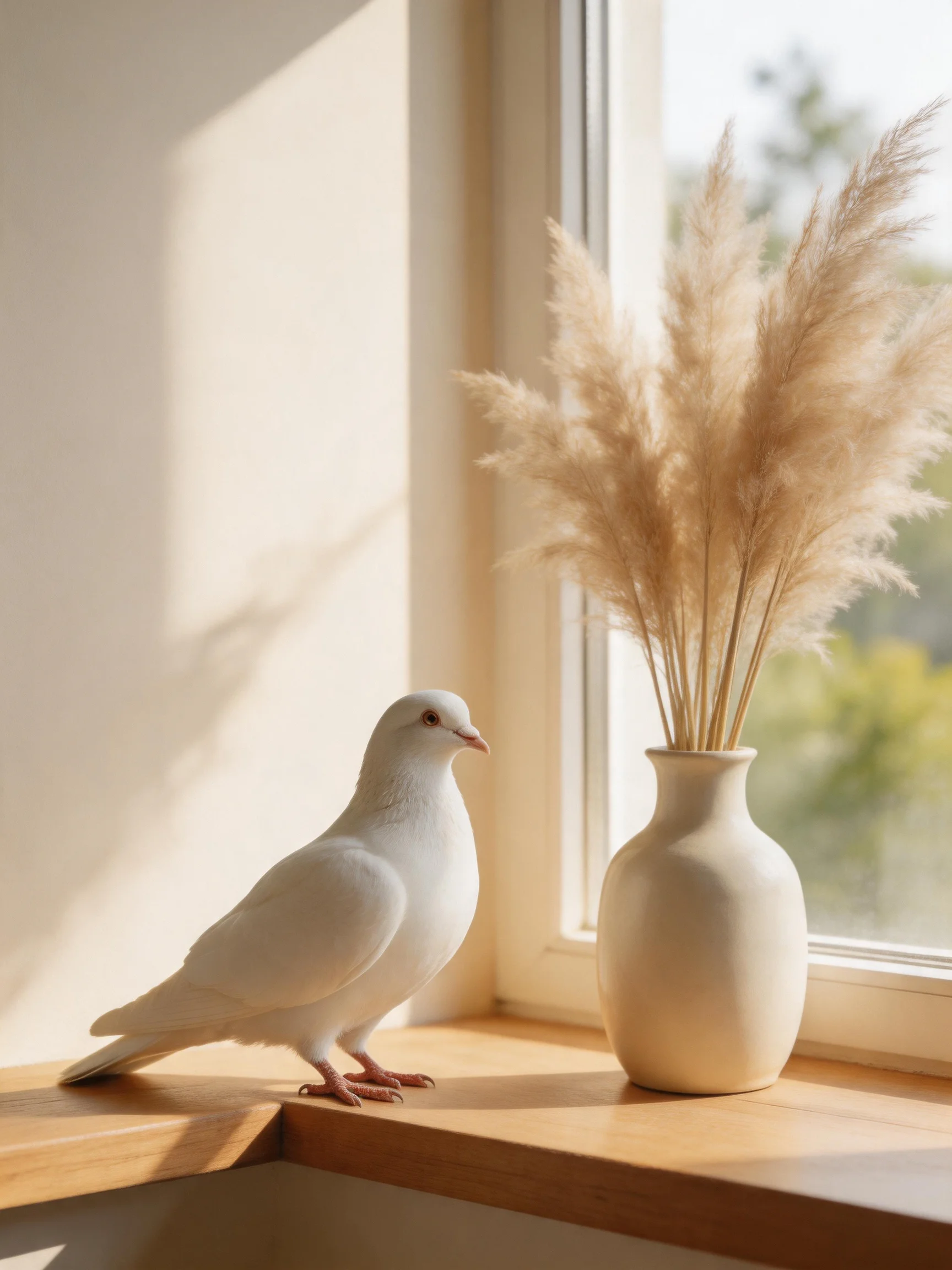 A white dove sits by a beige vase with pampas grass on a sunlit windowsill