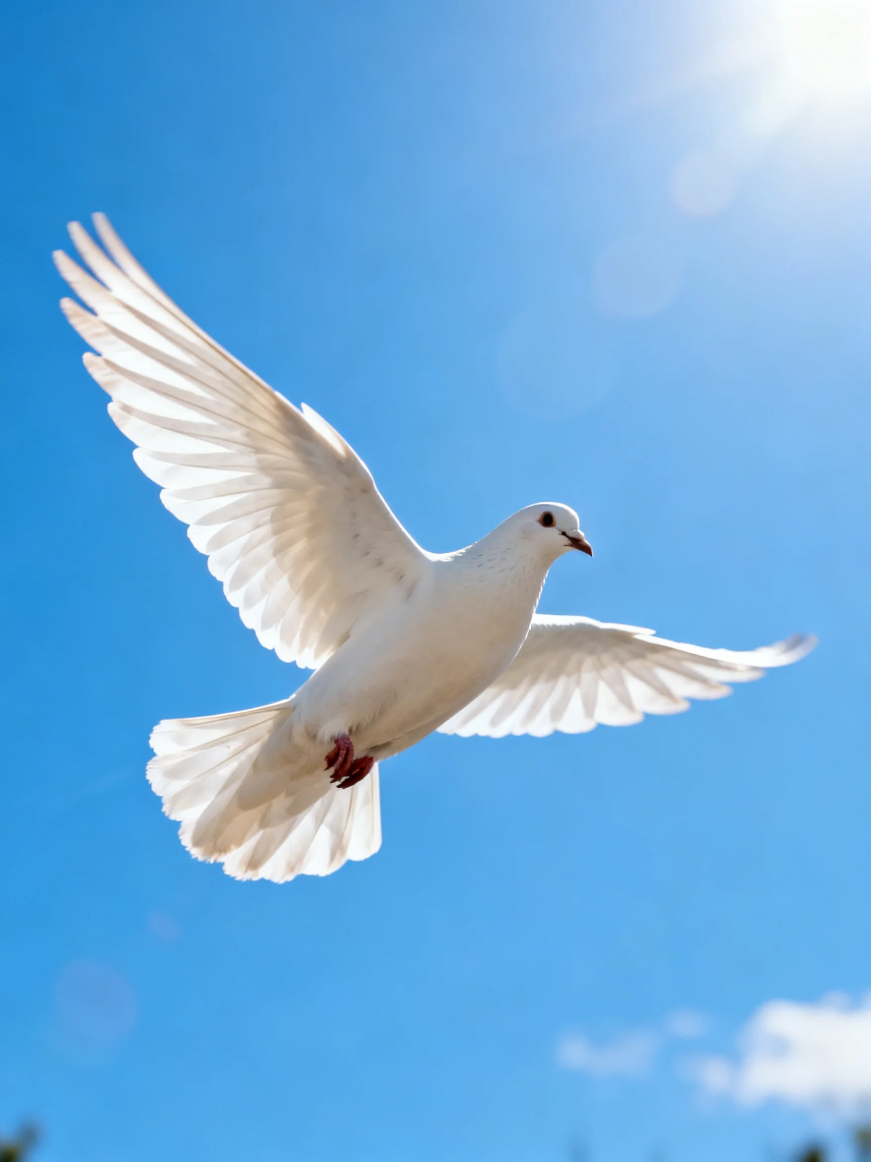 A white dove soaring in a clear blue sky