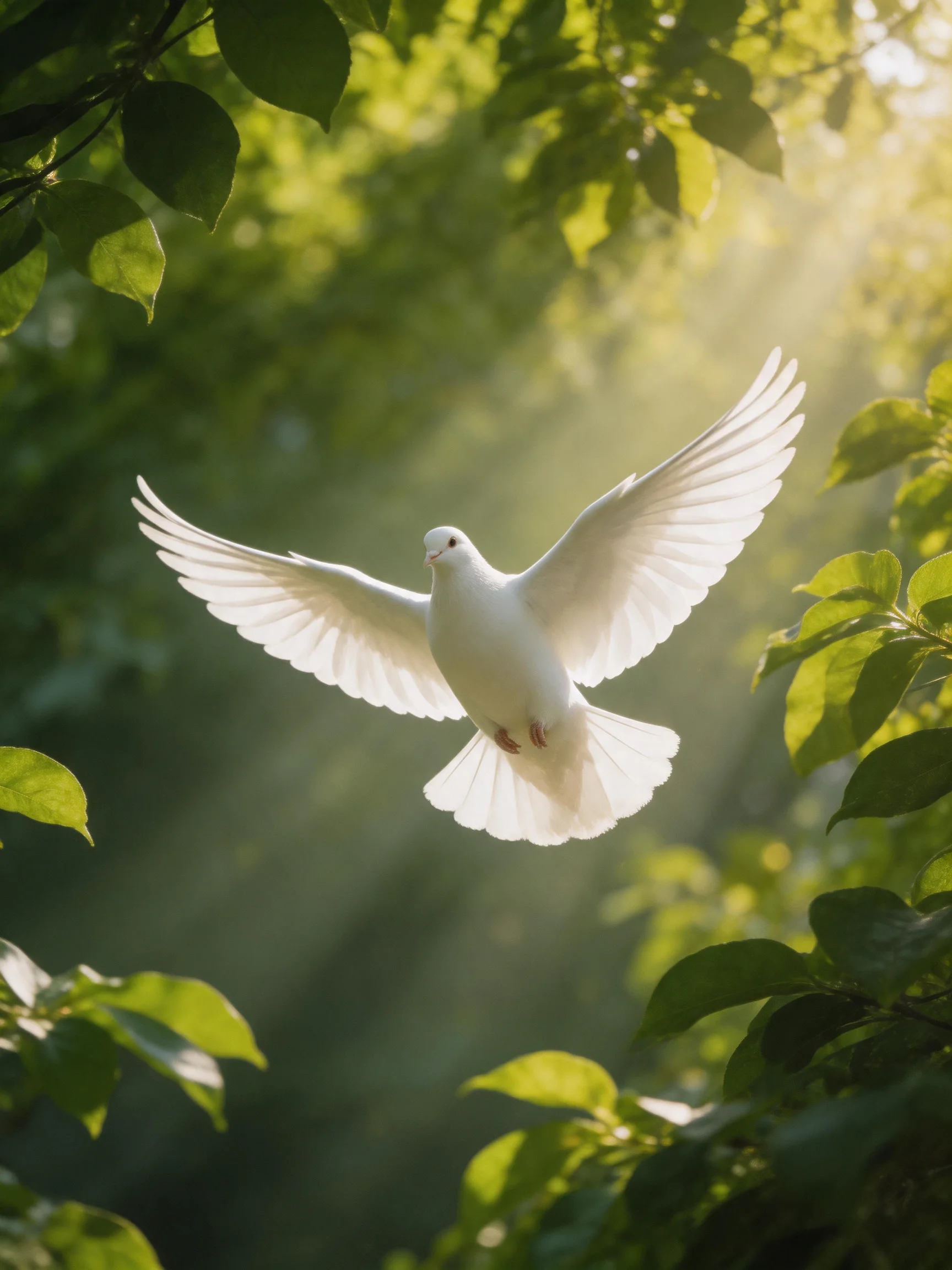 A white dove soars amid lush green foliage with golden sunlight