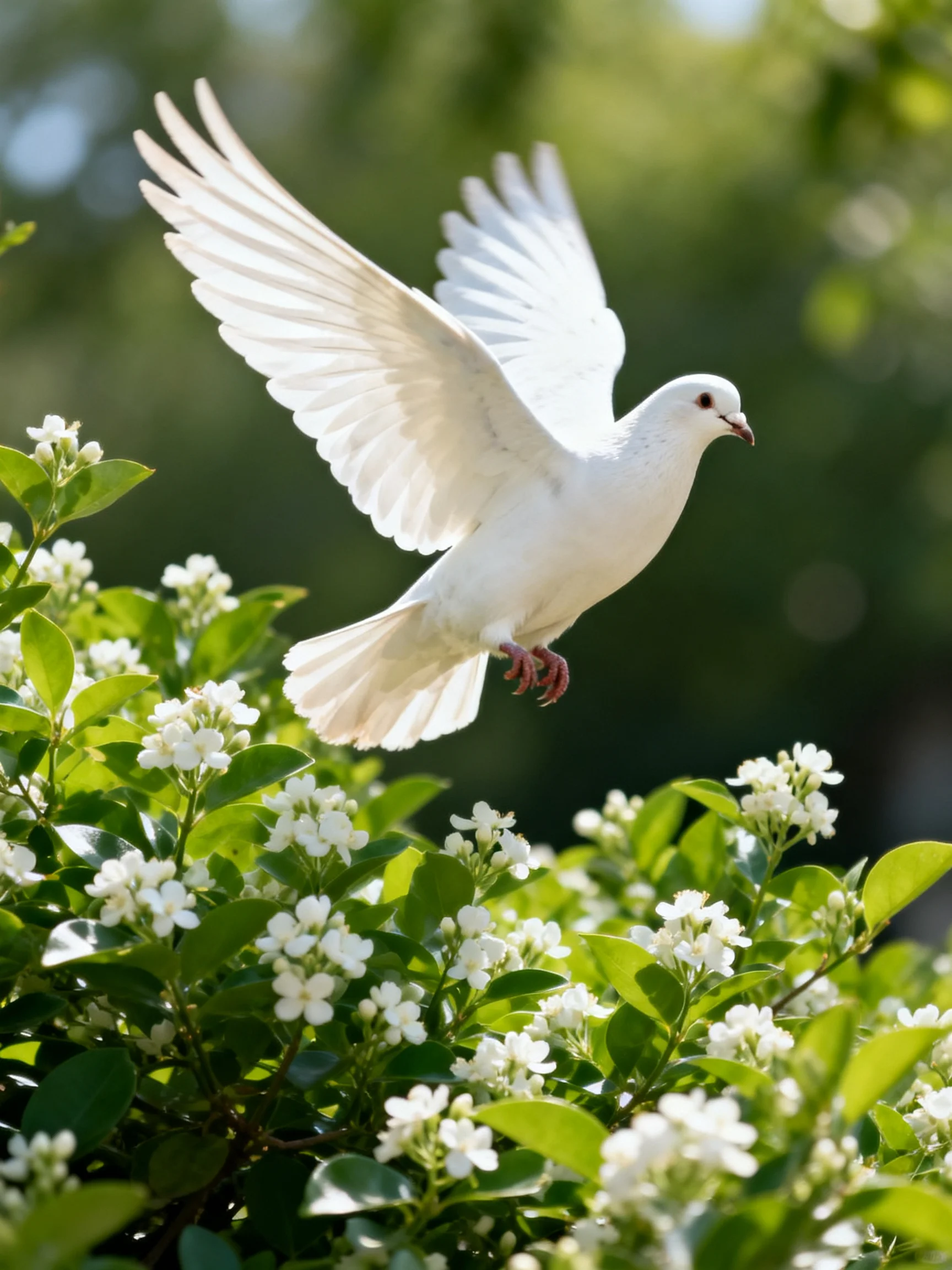 A white dove soars near lush greenery with small white blossoms
