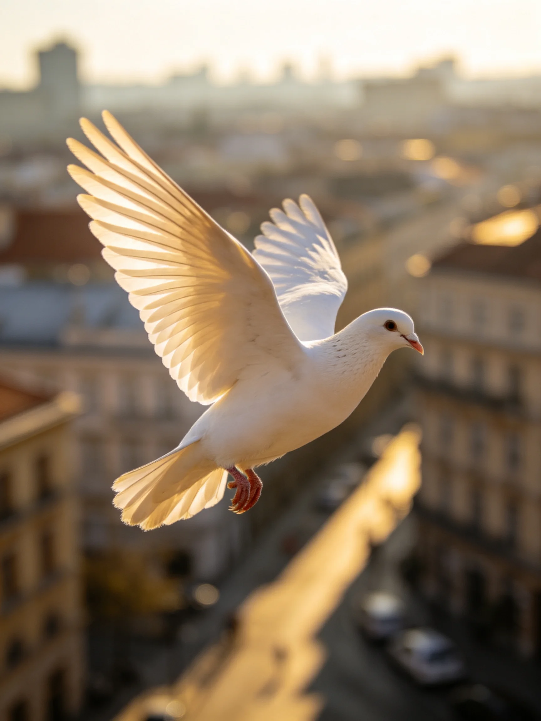 A white dove soars over a sunlit urban cityscape