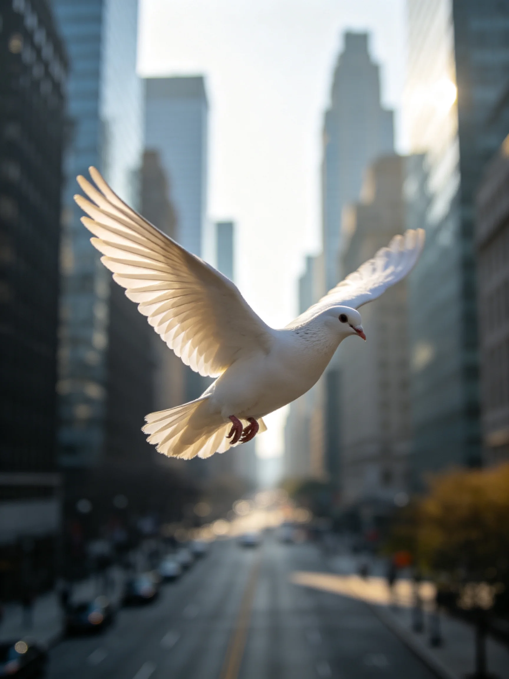 A white dove soars over a sunlit urban street with skyscrapers