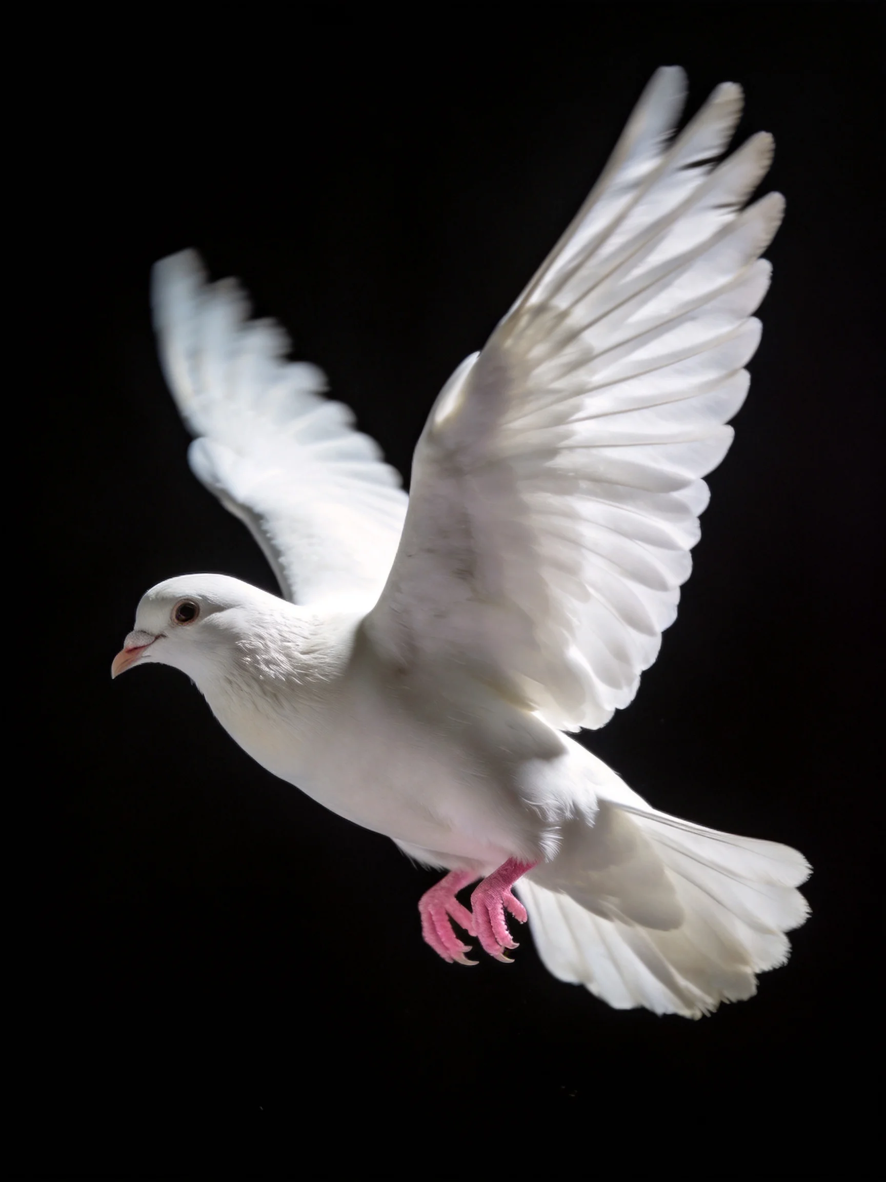 A white dove soars with outstretched wings against a black background