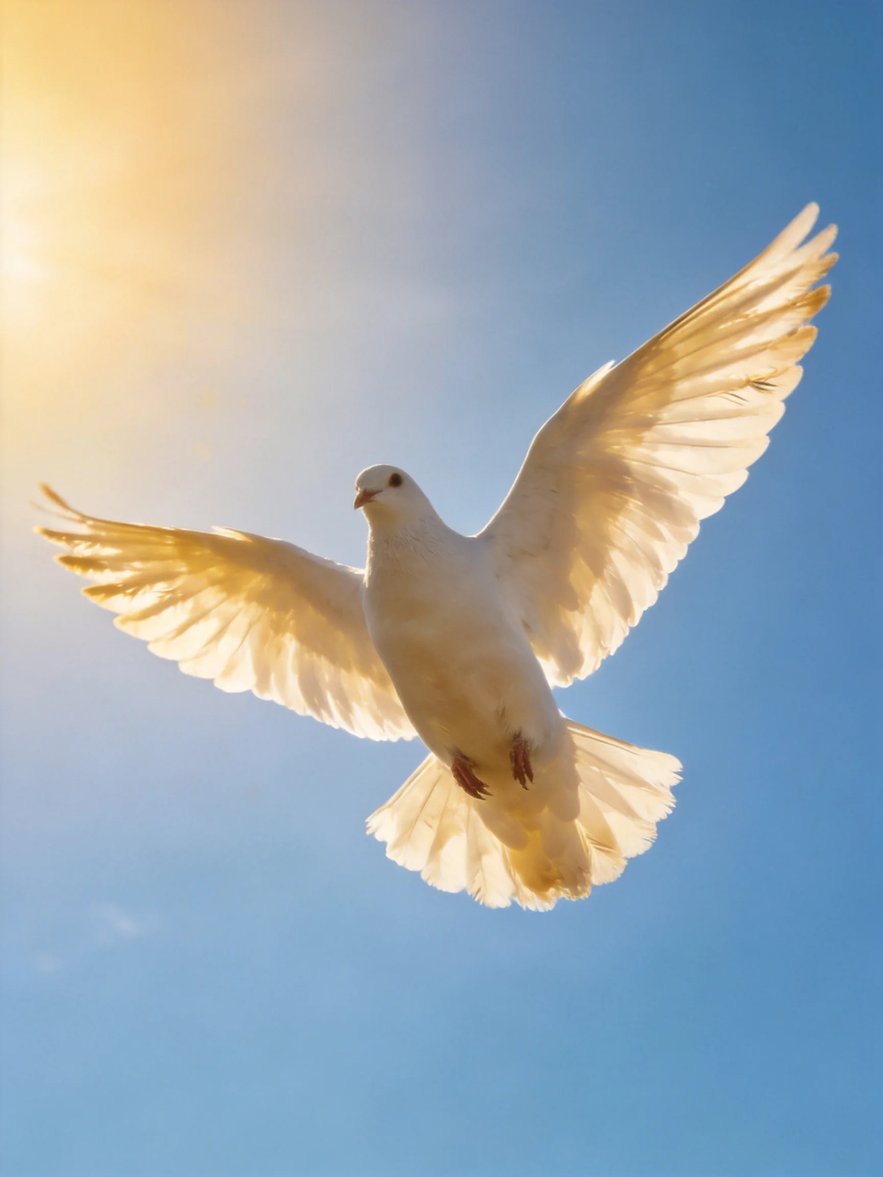 A white dove spreads wings in a clear blue sky with golden sunlight