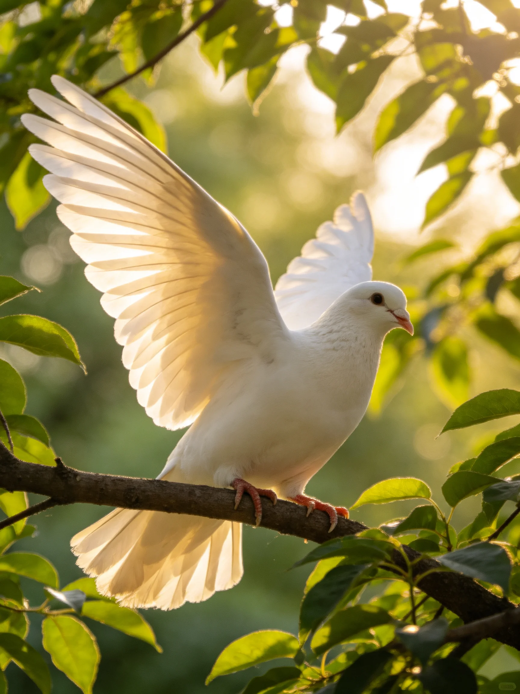 A white dove spreads wings on a tree branch amid green foliage