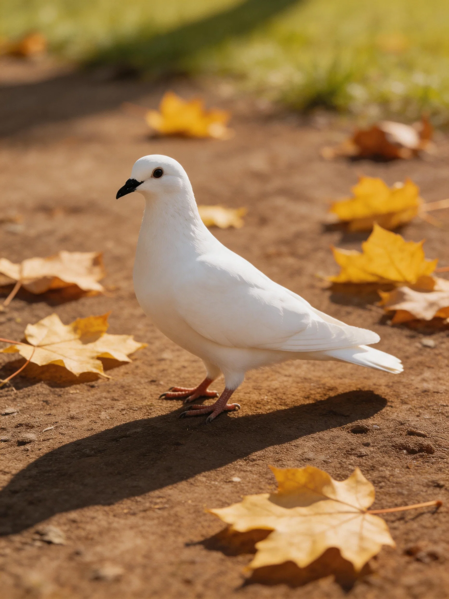 A white dove stands among scattered golden autumn leaves on earthy ground