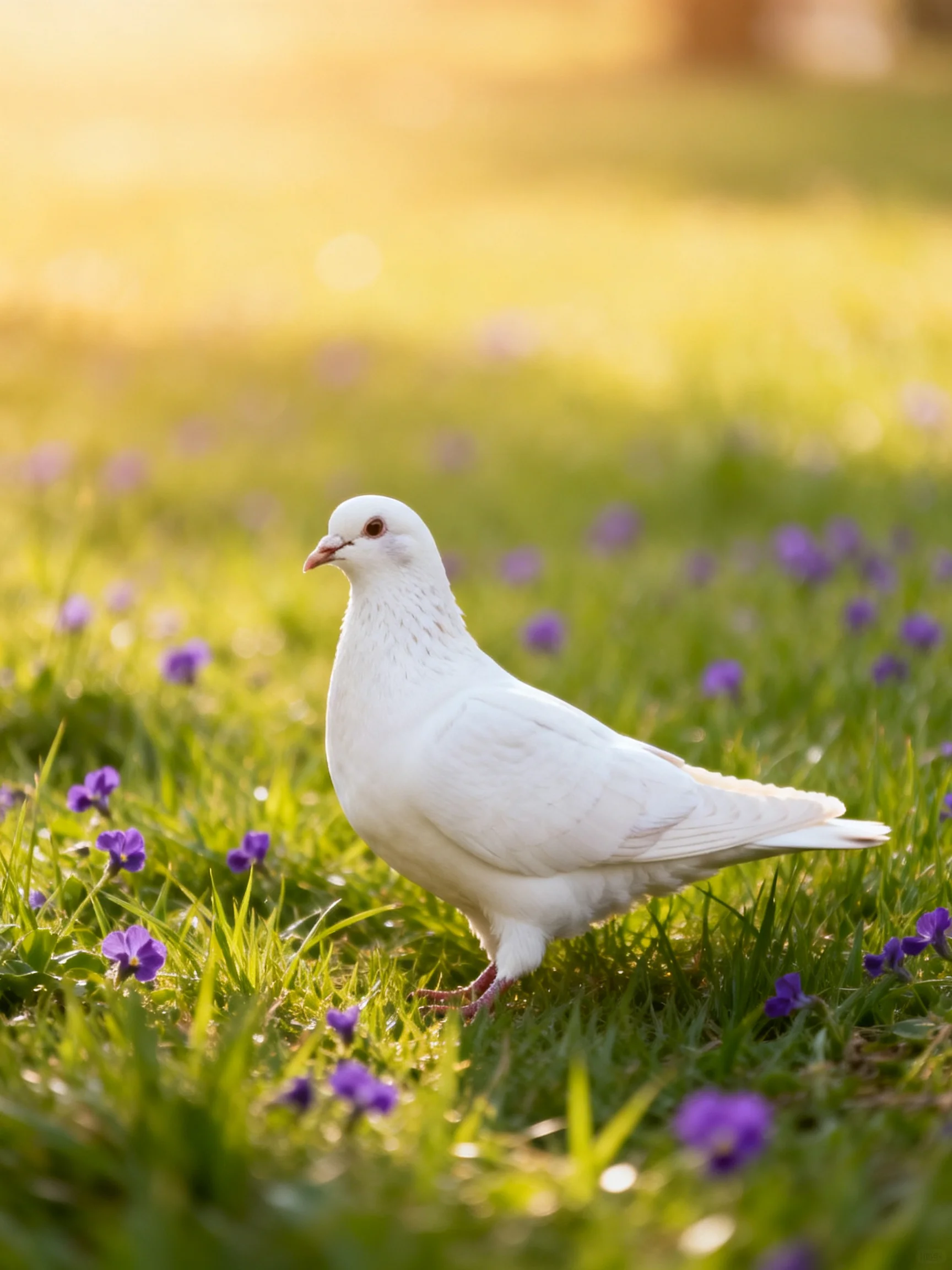 A white dove stands in a sunlit meadow with green grass and purple flowers