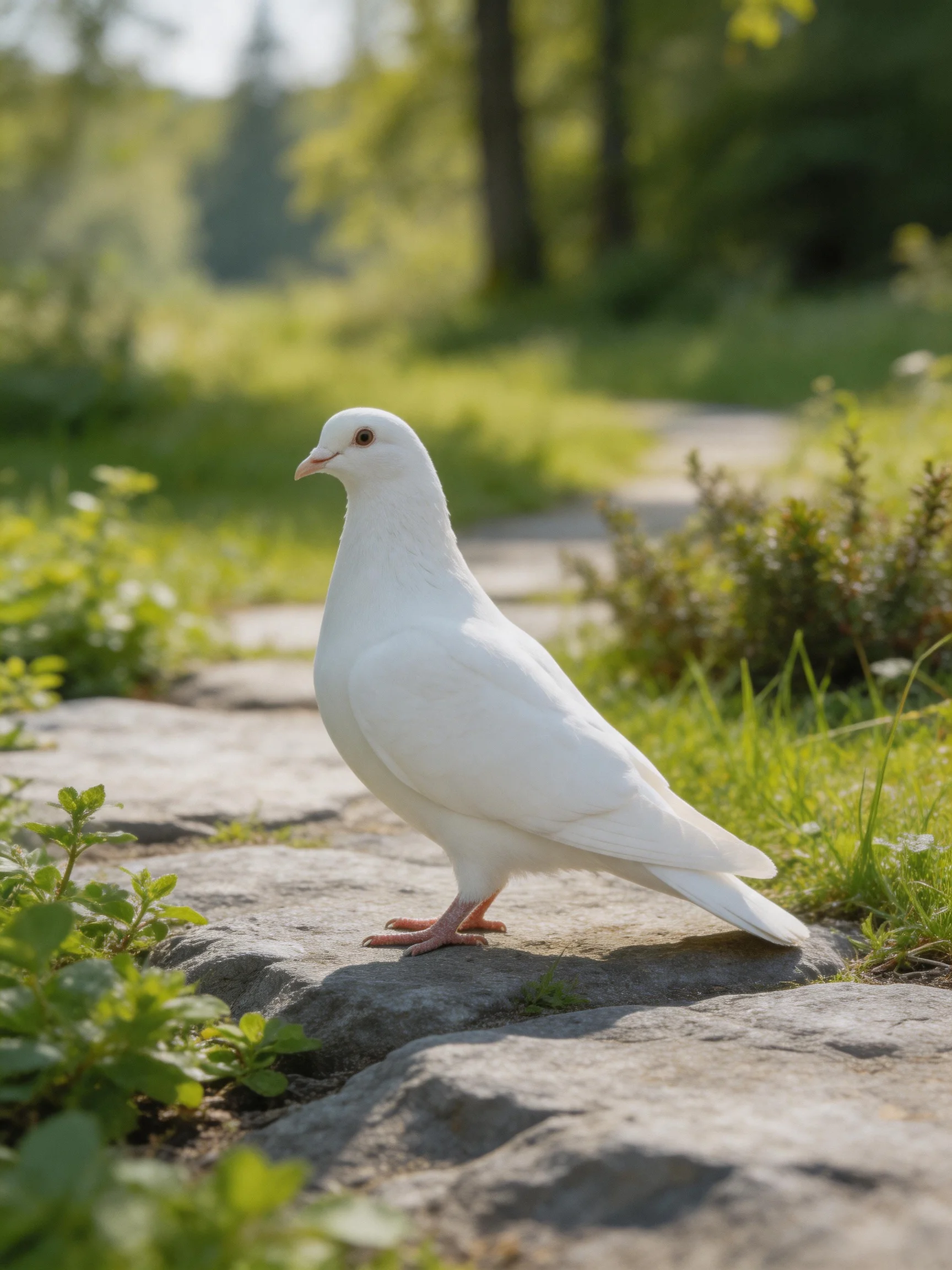 A white dove stands on weathered stone among lush greenery