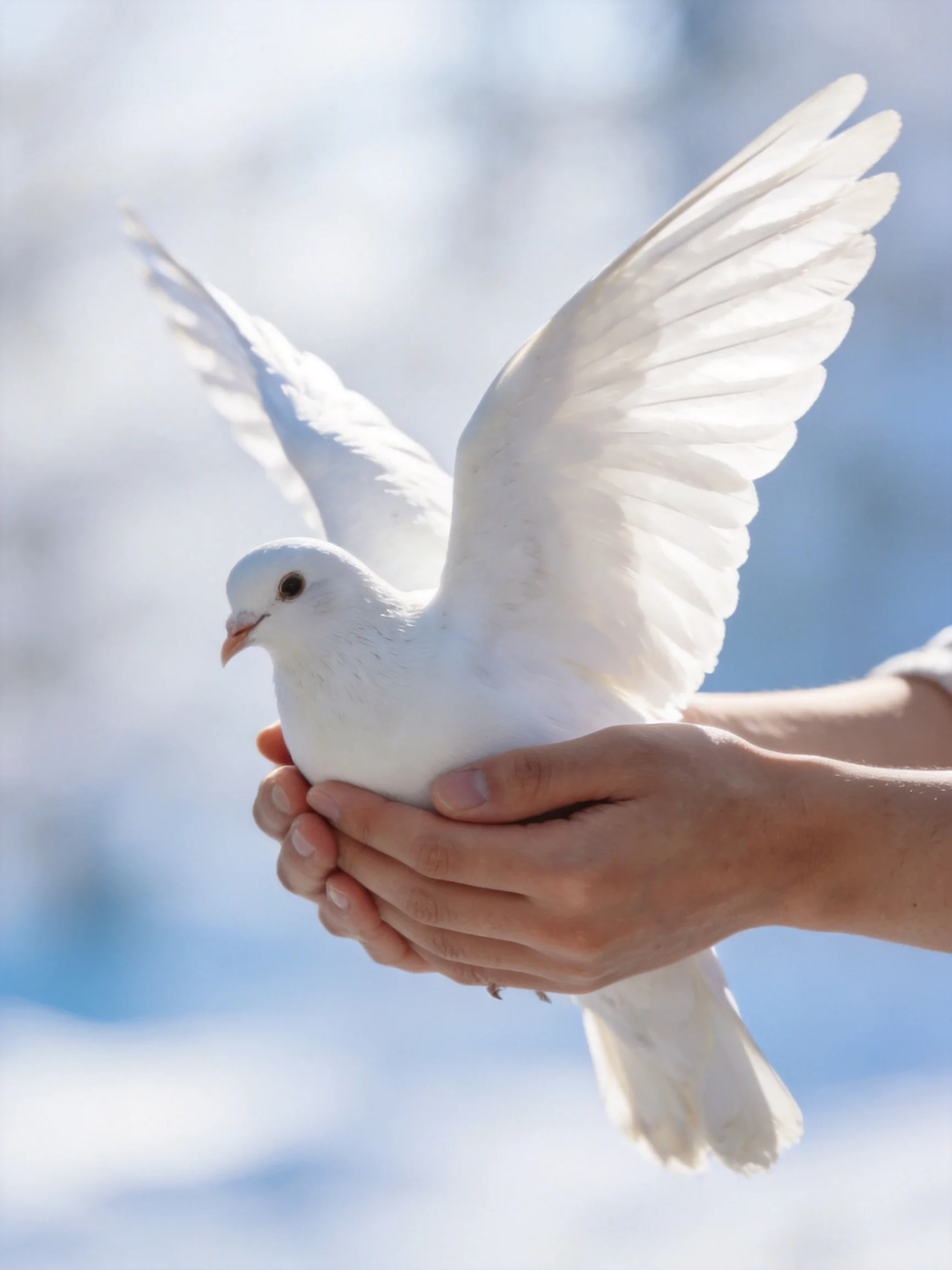 A white dove with outstretched wings held in human hands under a bright sky