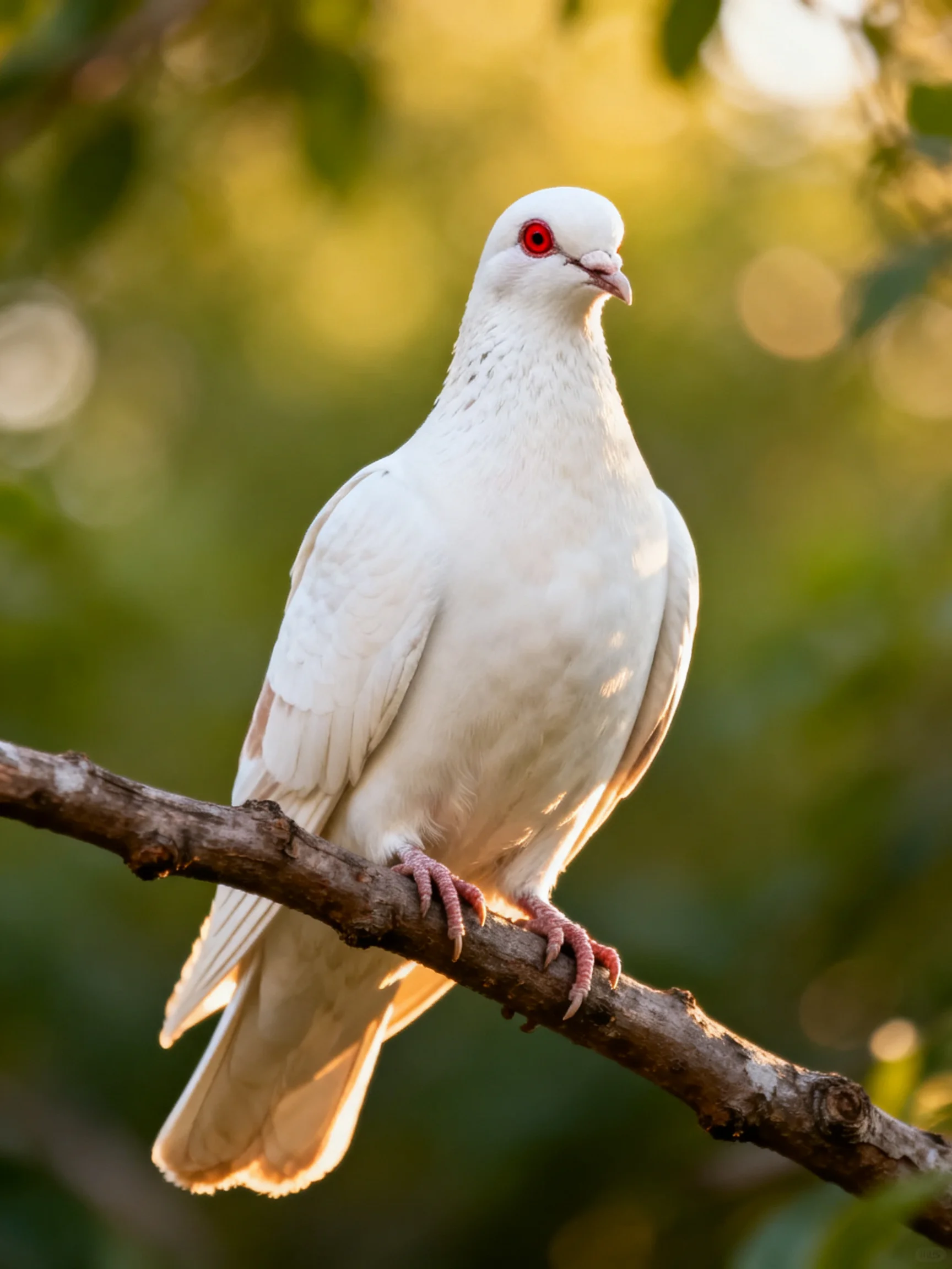 A white dove with red eyes perched on a tree branch