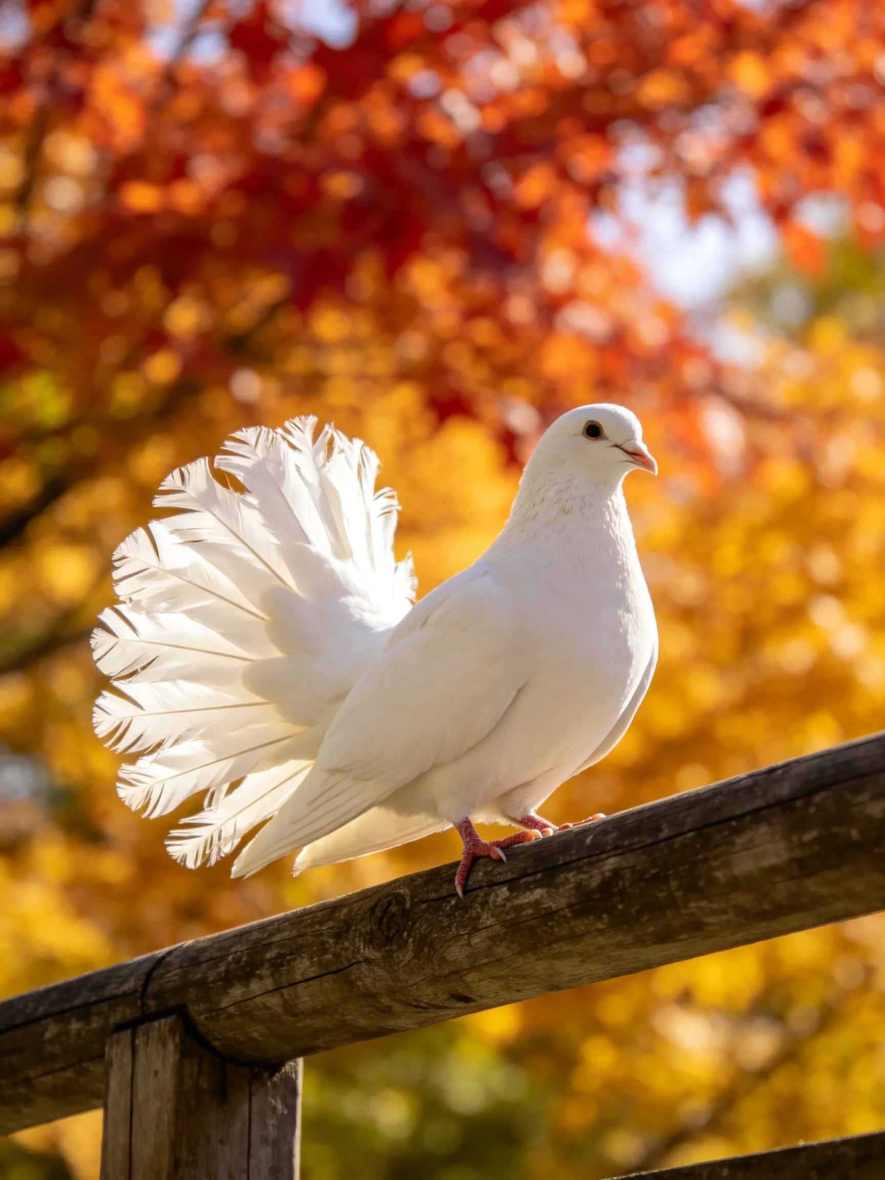 A white feathered dove perches on a wooden railing amid colorful autumn trees