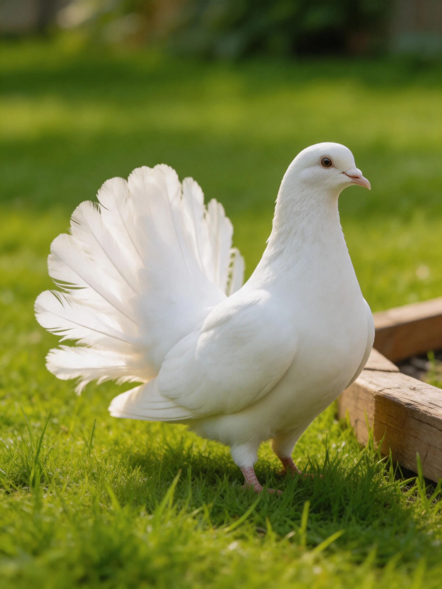 A white feathered pigeon on lush green grass near wood
