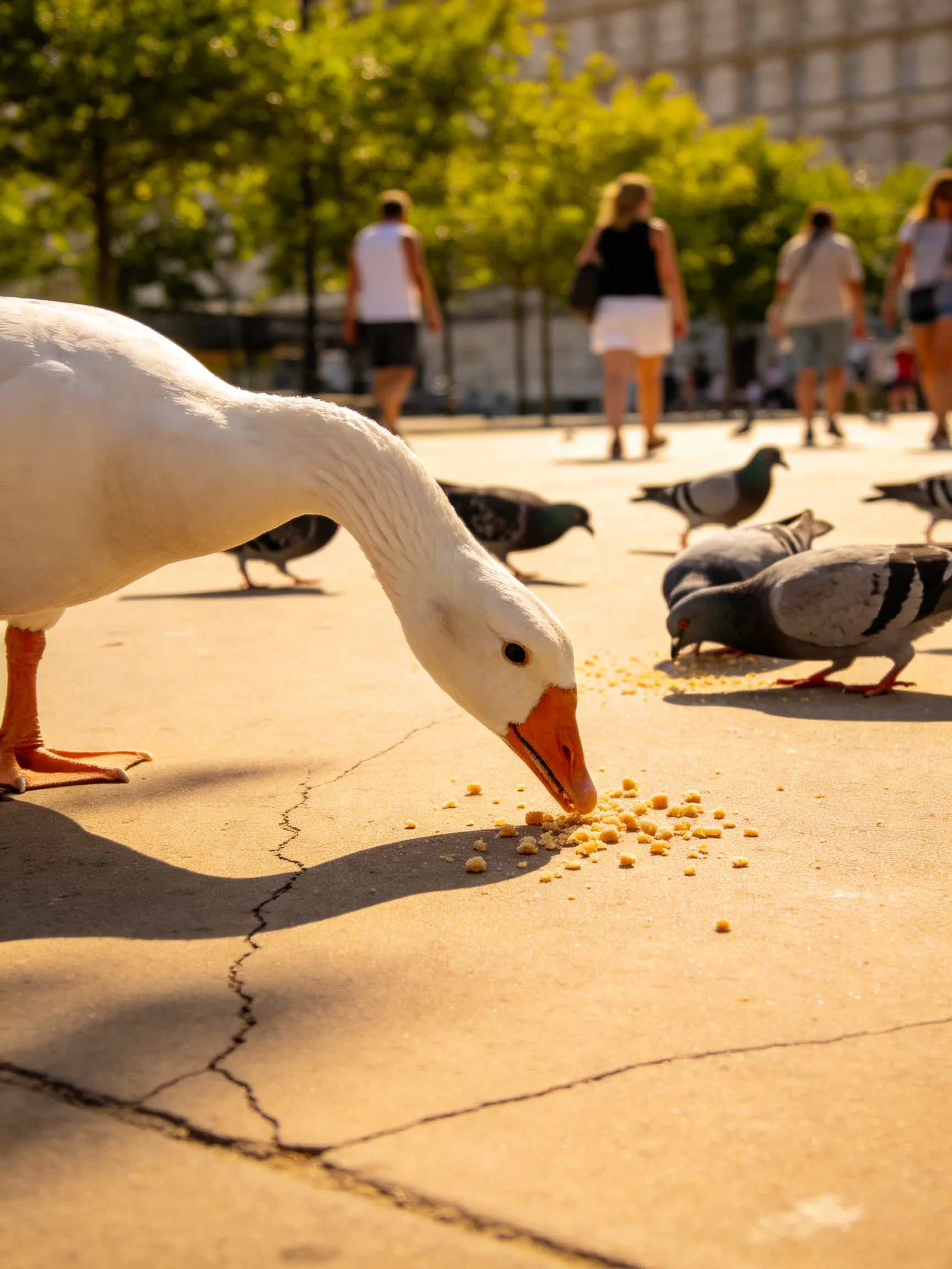 A white goose feeds near gray pigeons on a sunlit pavement