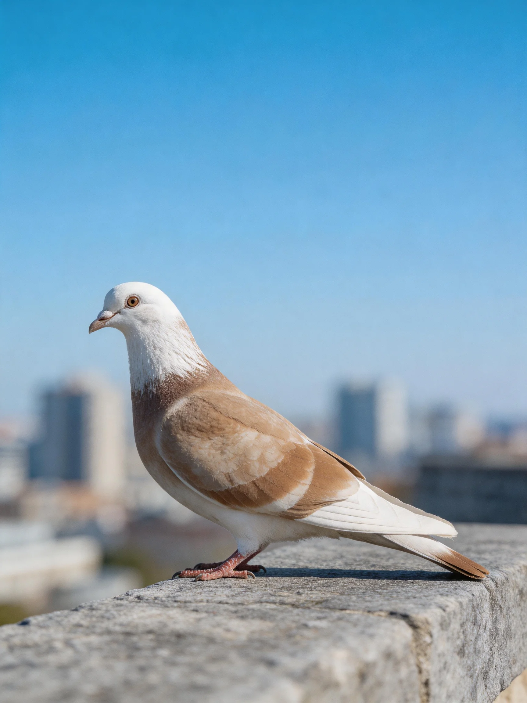 A white-headed brown-patched pigeon perched on a stone ledge